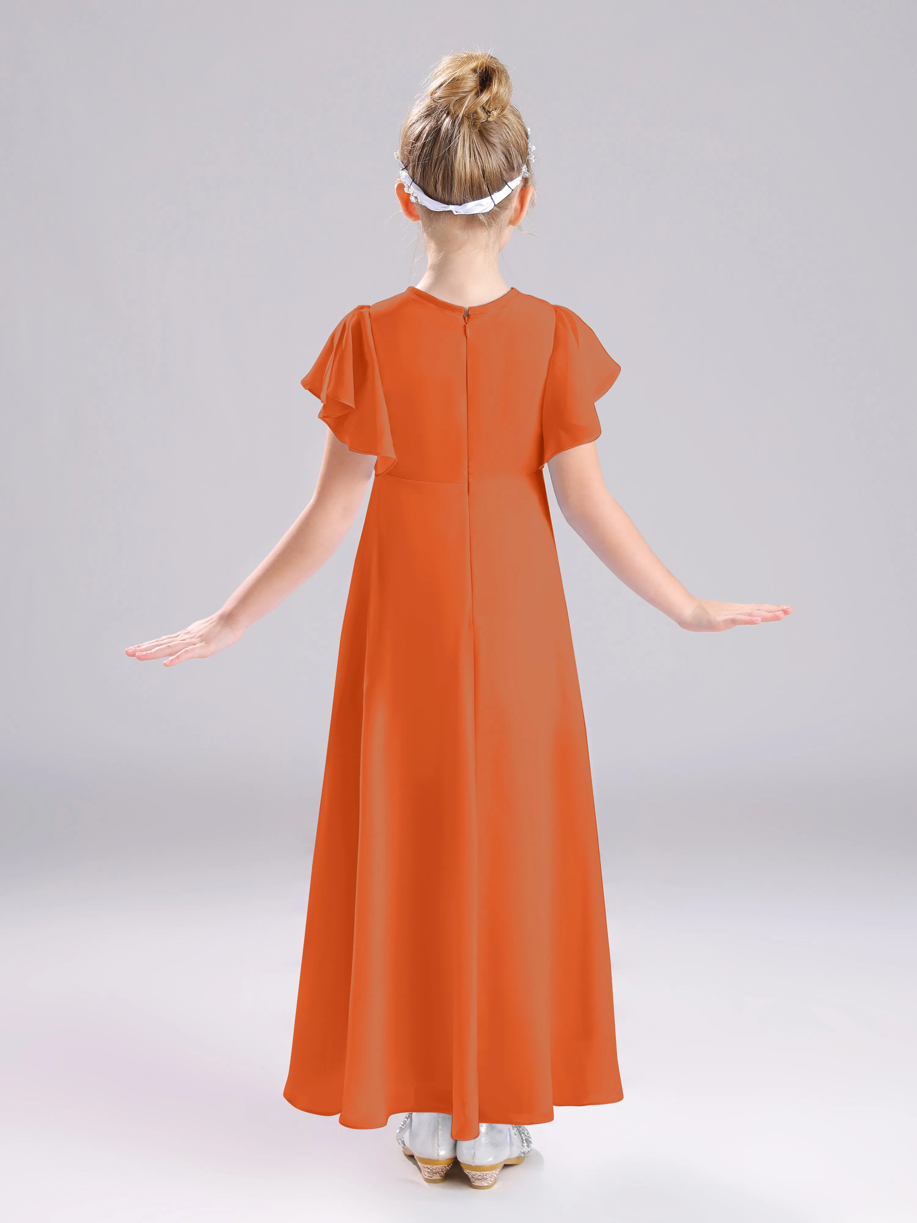 Ruffles Sleeves A-Line Long Chiffon Junior Bridesmaid Dresses