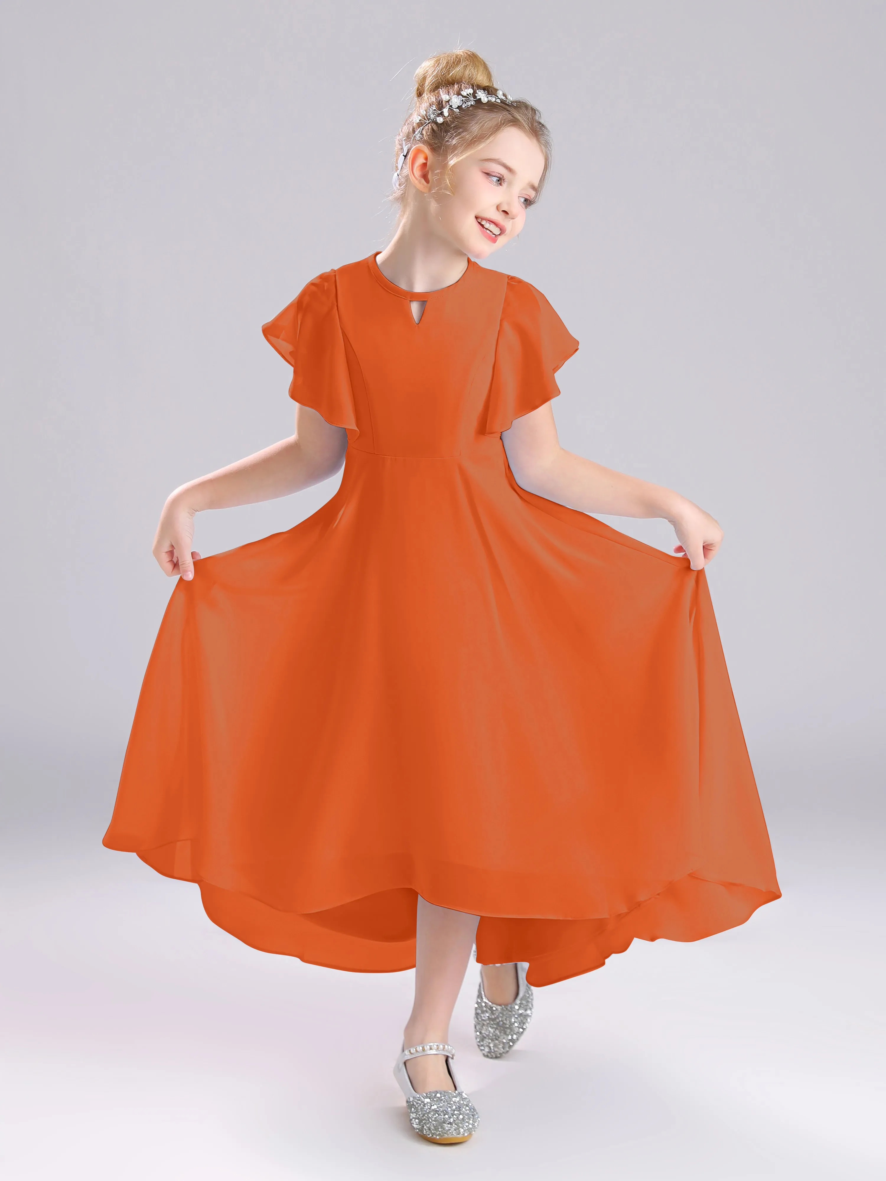 Ruffles Sleeves A-Line Long Chiffon Junior Bridesmaid Dresses