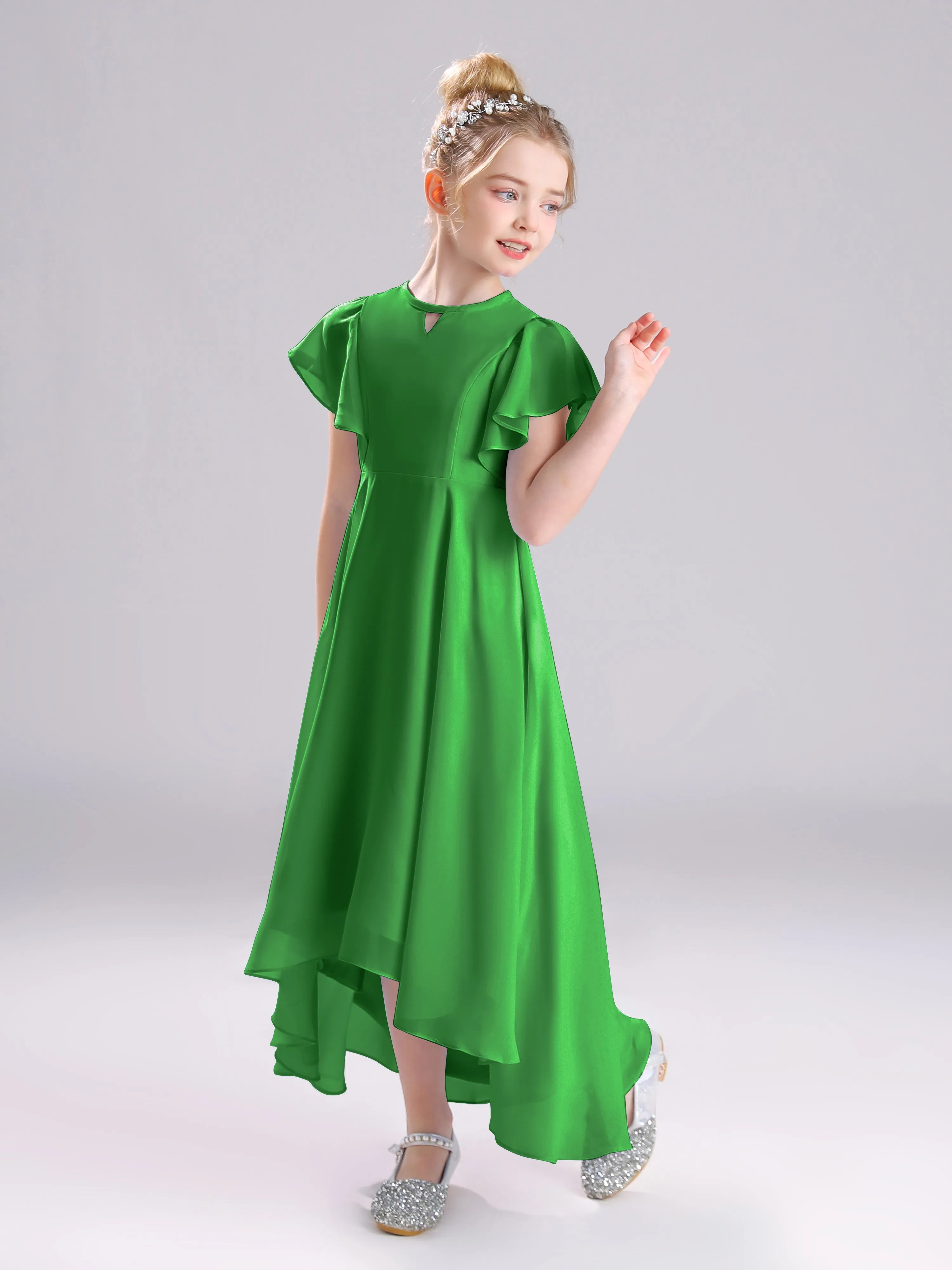 Ruffles Sleeves A-Line Long Chiffon Junior Bridesmaid Dresses
