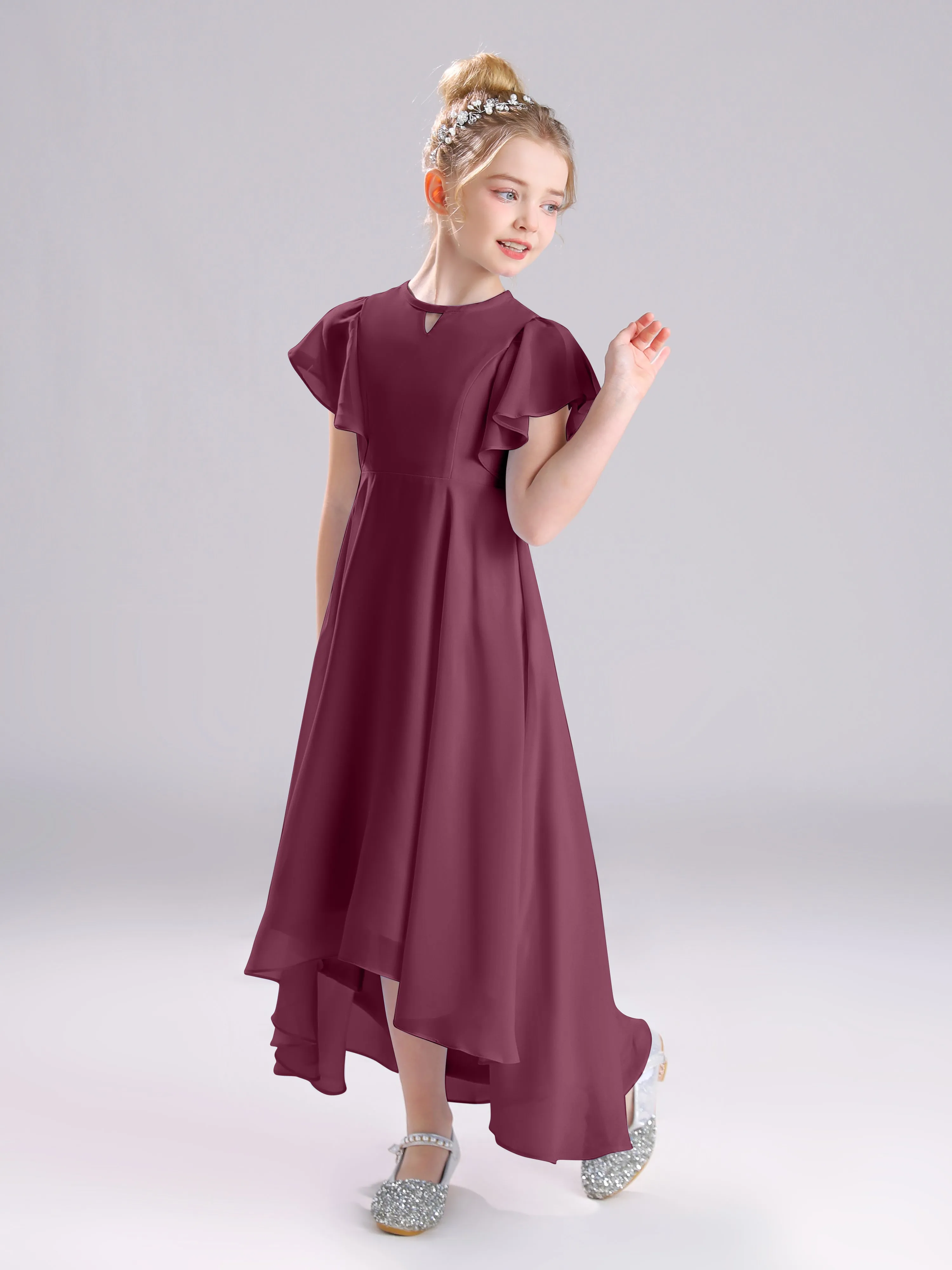 Ruffles Sleeves A-Line Long Chiffon Junior Bridesmaid Dresses
