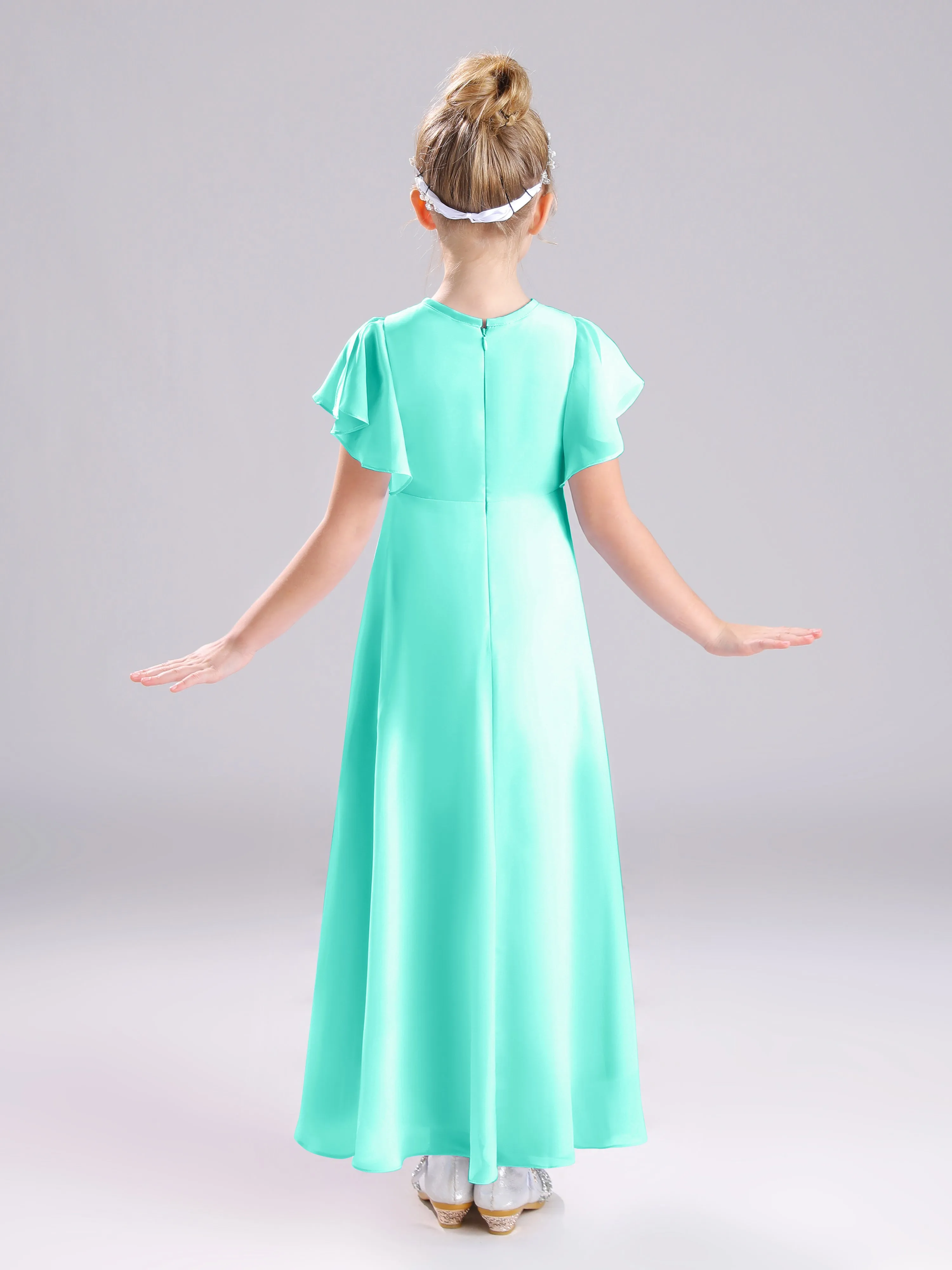 Ruffles Sleeves A-Line Long Chiffon Junior Bridesmaid Dresses