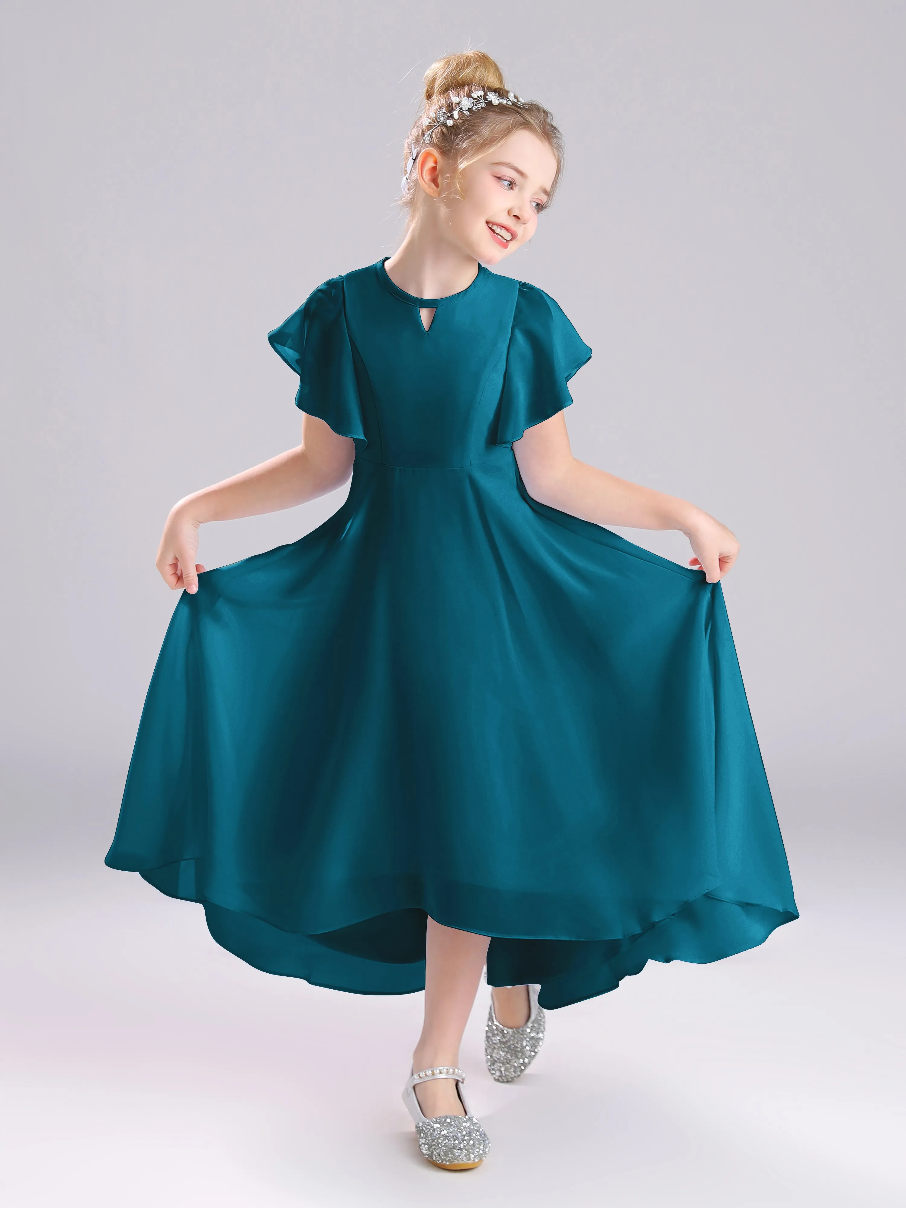 Ruffles Sleeves A-Line Long Chiffon Junior Bridesmaid Dresses