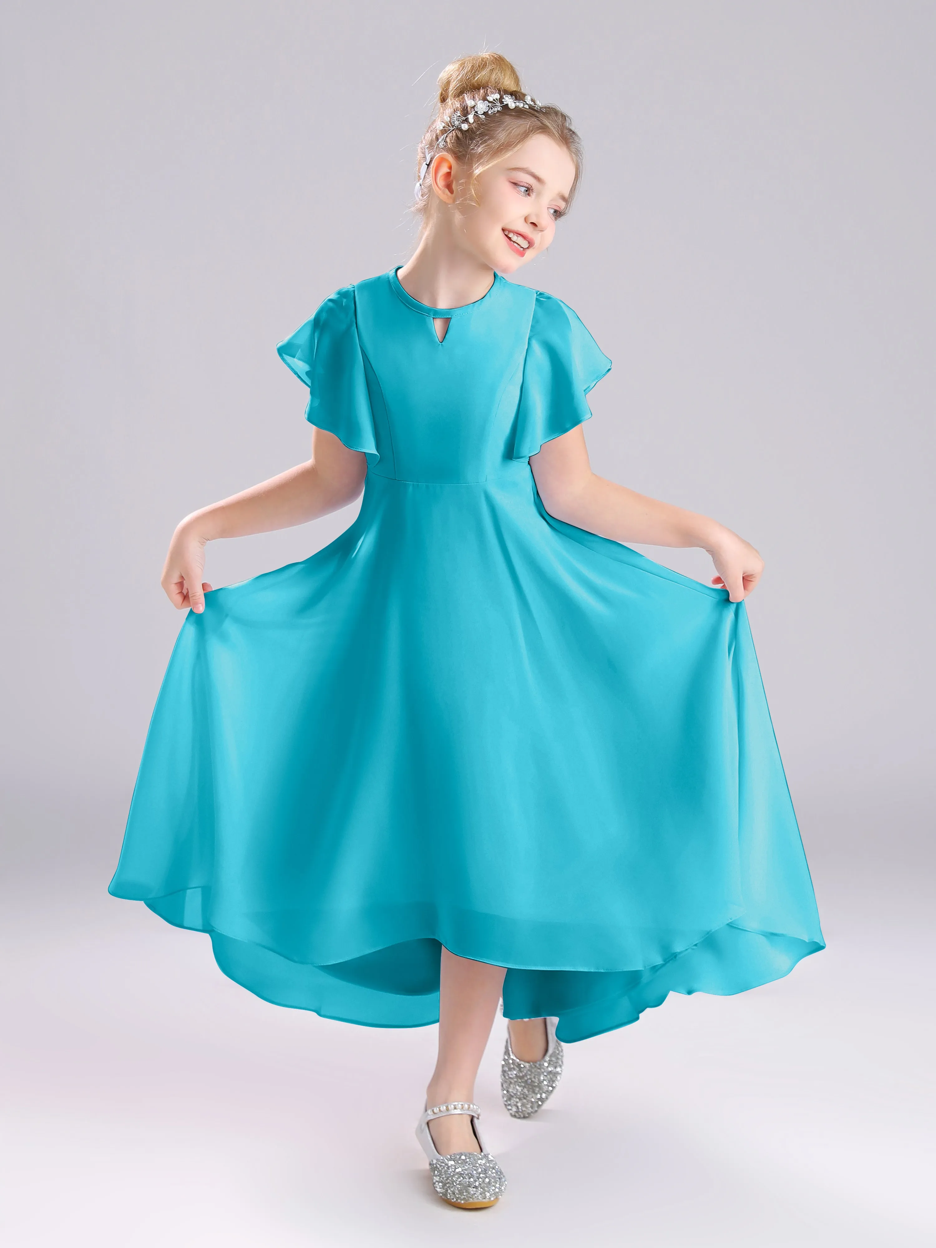 Ruffles Sleeves A-Line Long Chiffon Junior Bridesmaid Dresses
