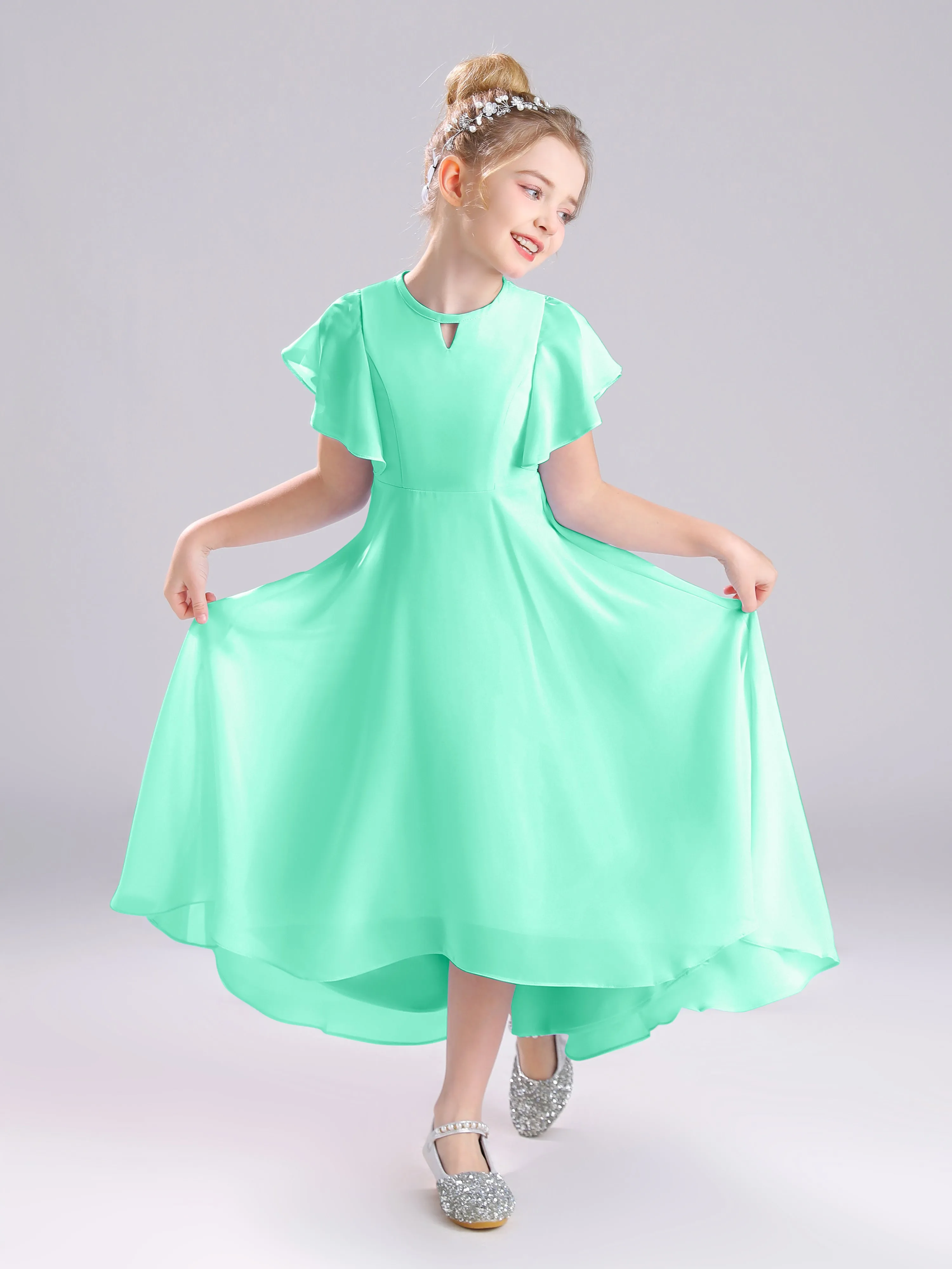 Ruffles Sleeves A-Line Long Chiffon Junior Bridesmaid Dresses