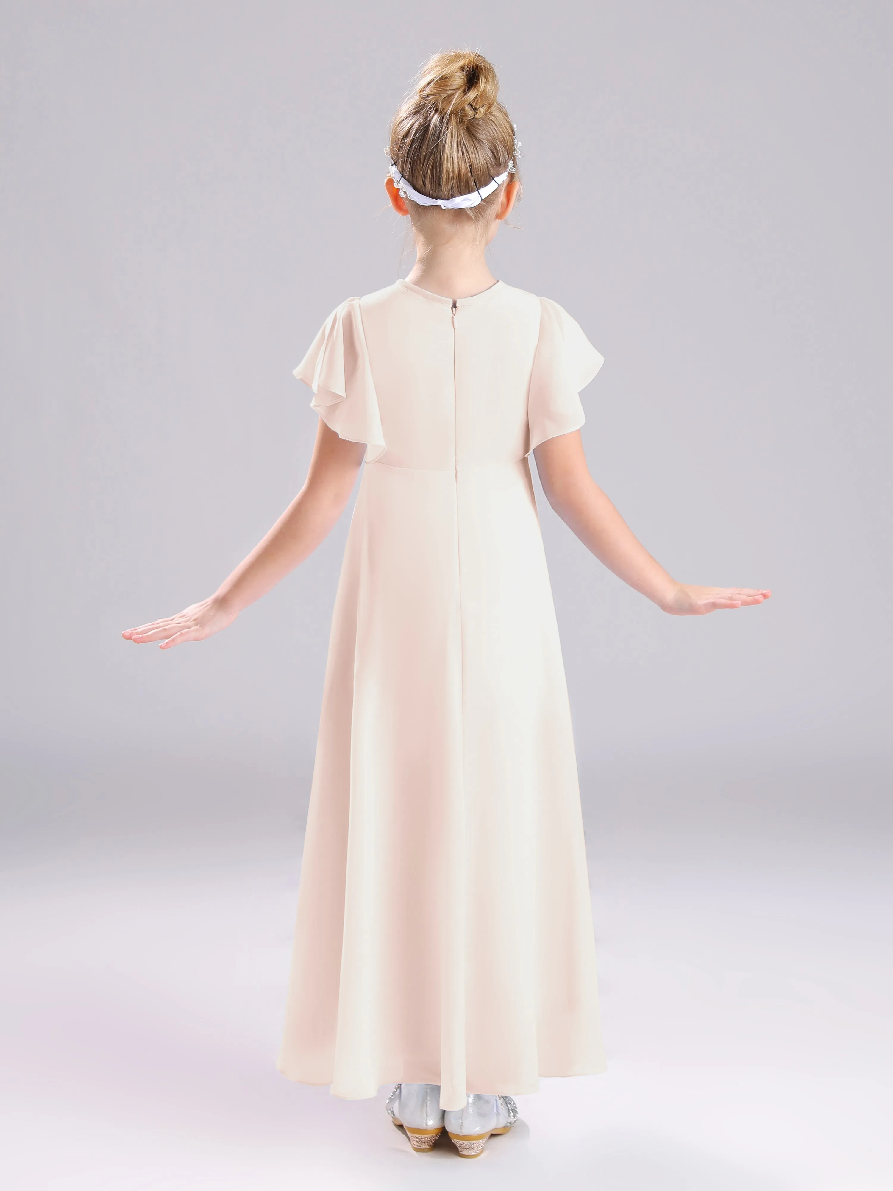 Ruffles Sleeves A-Line Long Chiffon Junior Bridesmaid Dresses