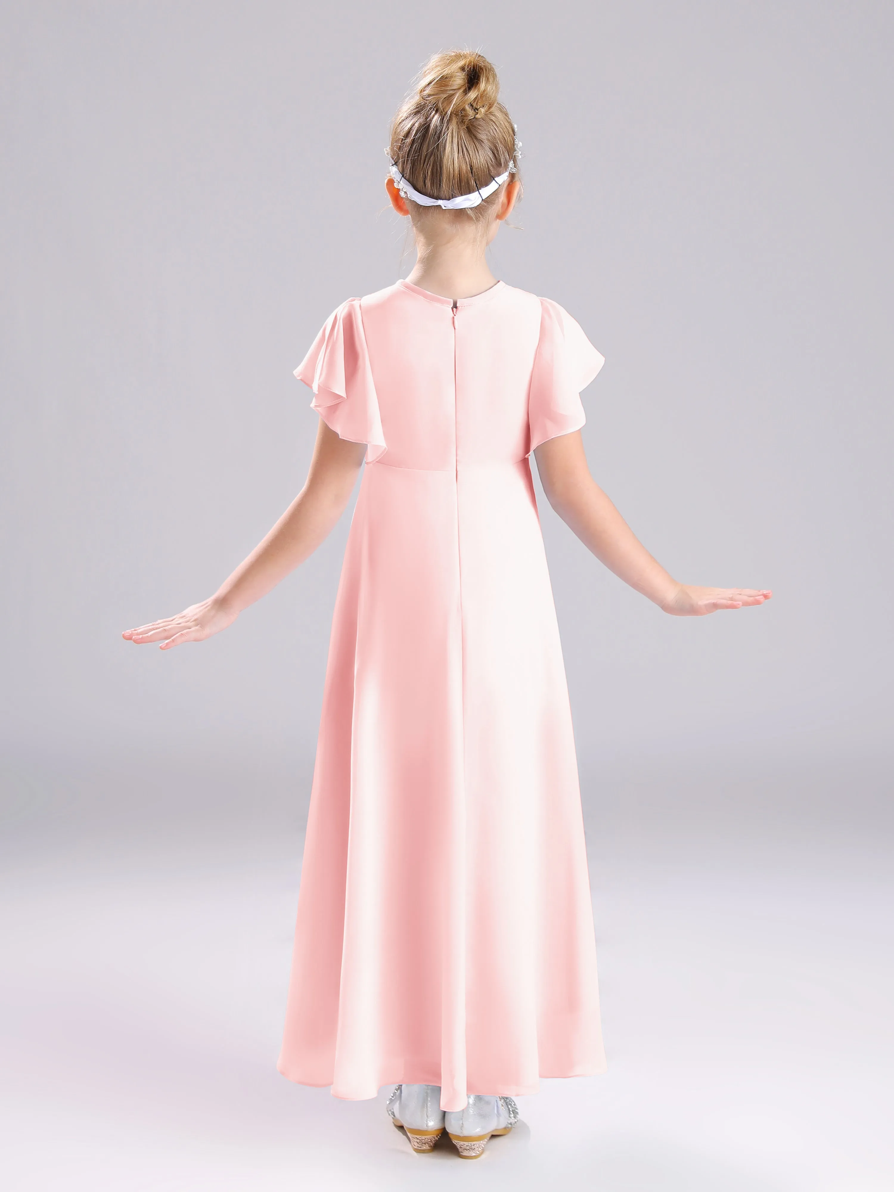Ruffles Sleeves A-Line Long Chiffon Junior Bridesmaid Dresses