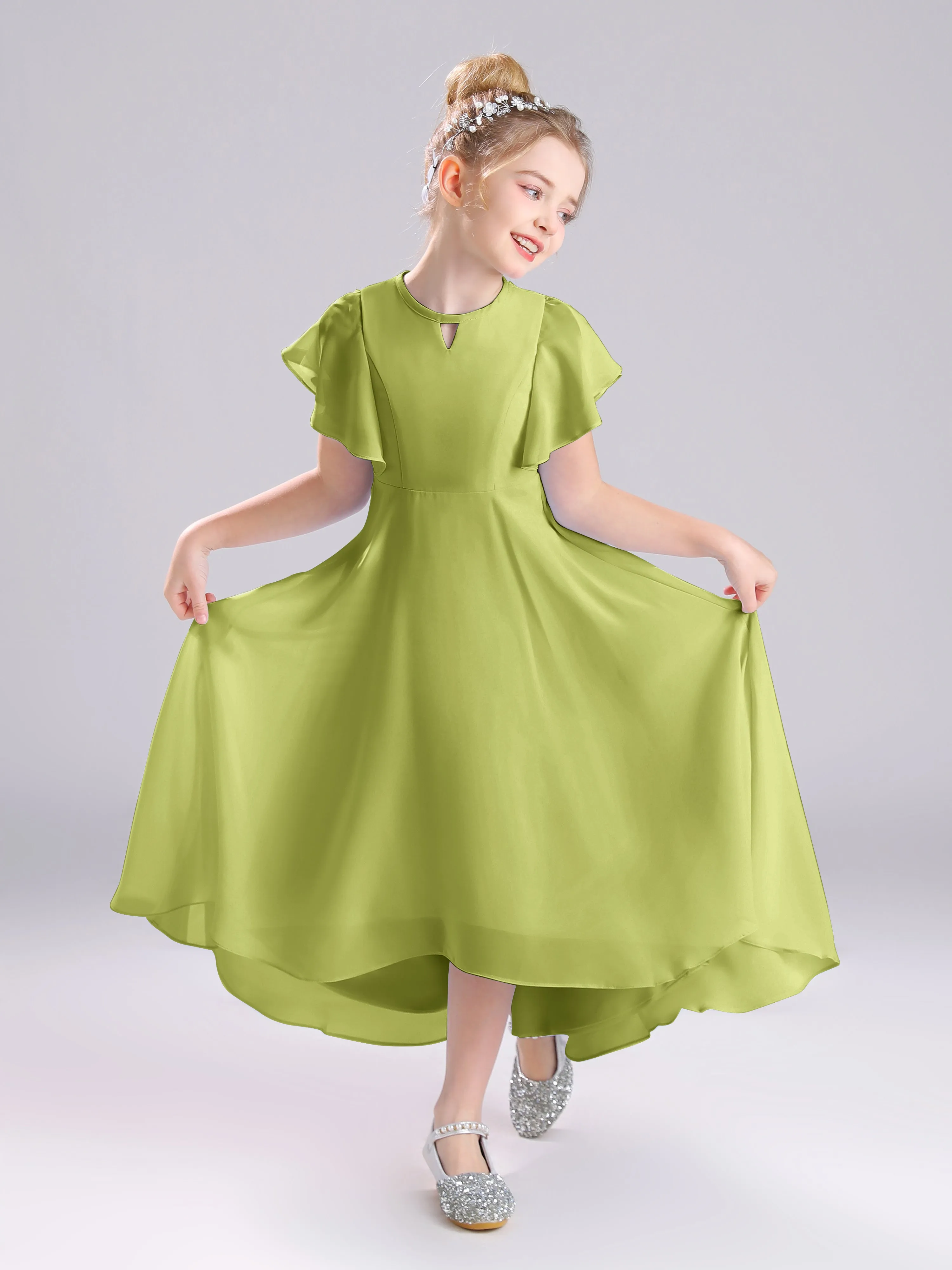 Ruffles Sleeves A-Line Long Chiffon Junior Bridesmaid Dresses