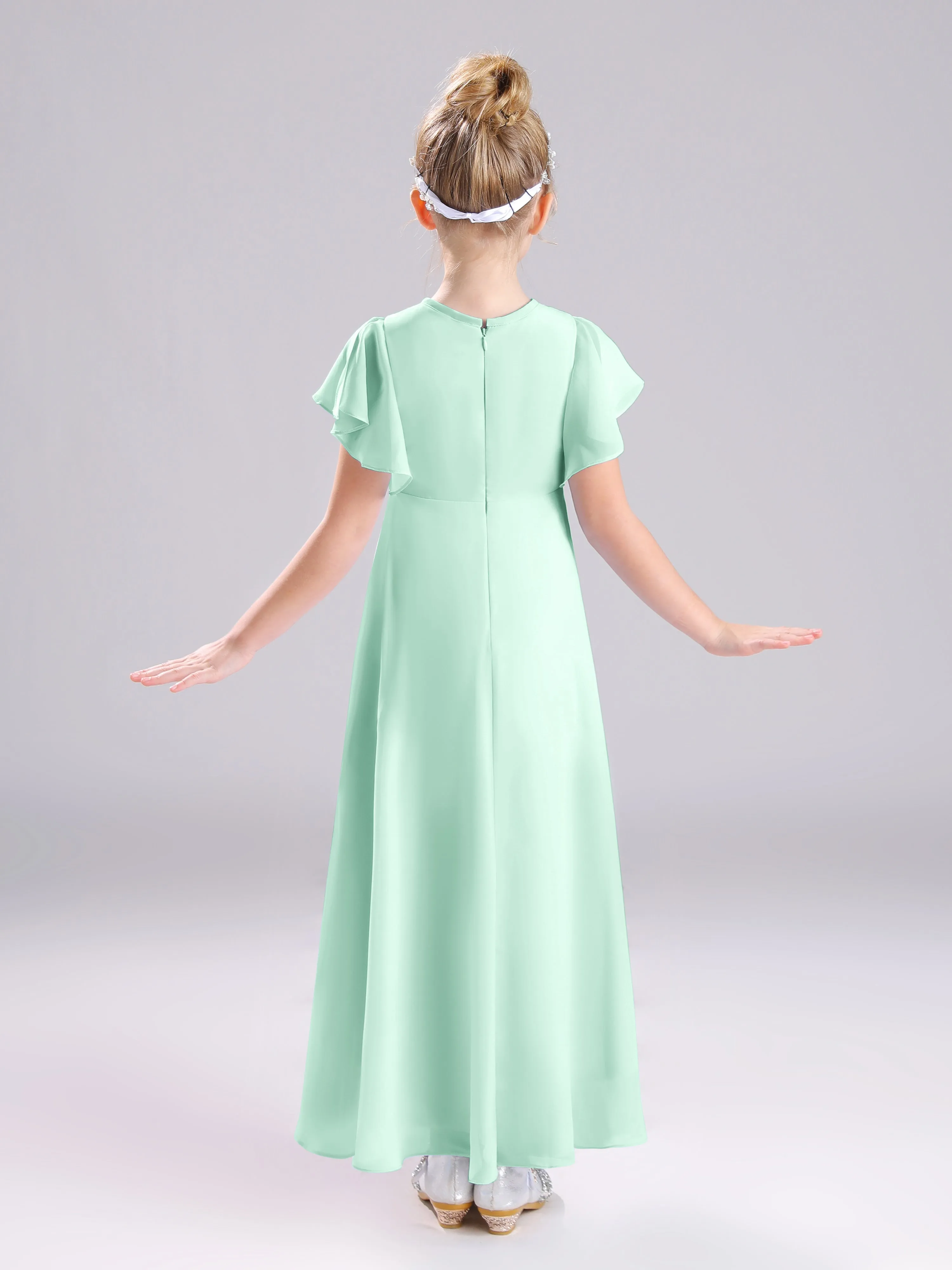 Ruffles Sleeves A-Line Long Chiffon Junior Bridesmaid Dresses