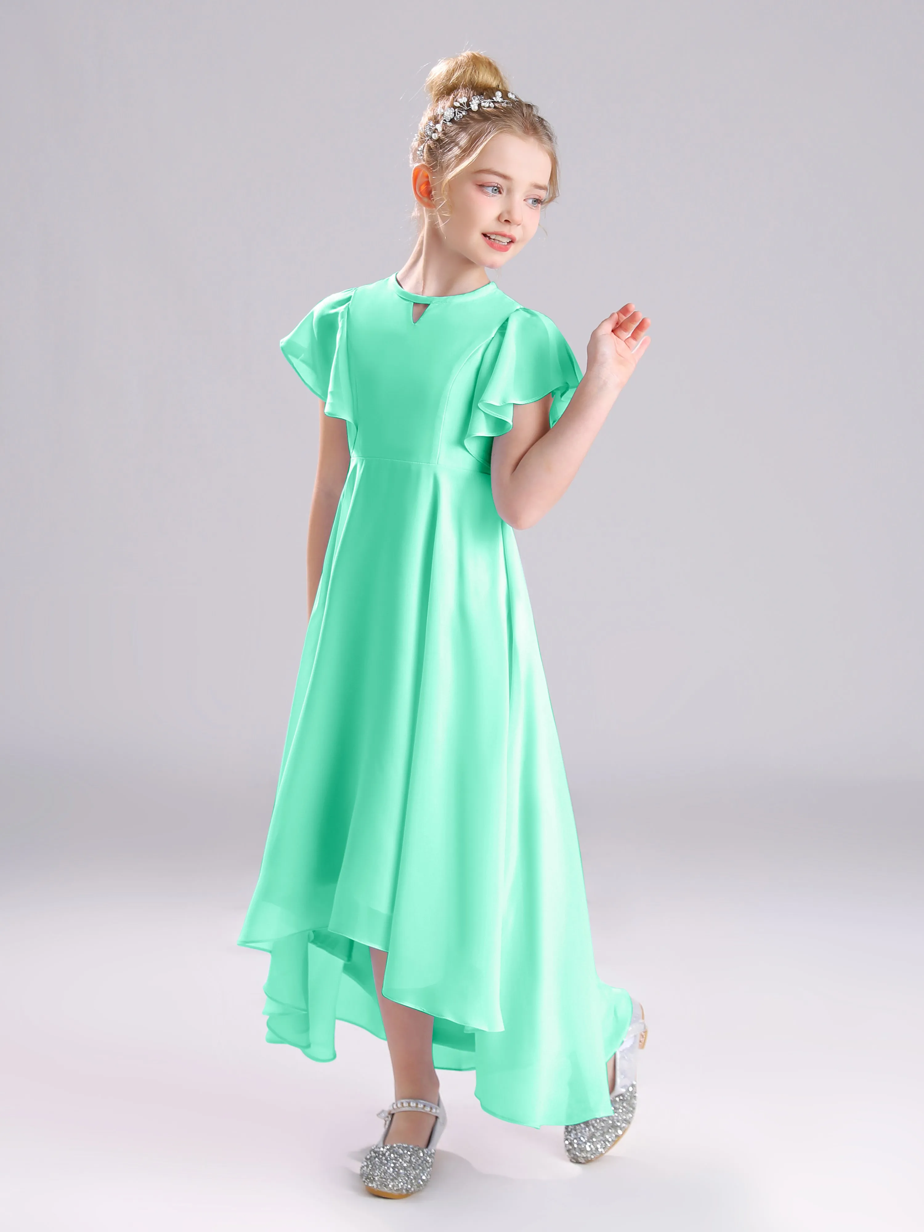 Ruffles Sleeves A-Line Long Chiffon Junior Bridesmaid Dresses