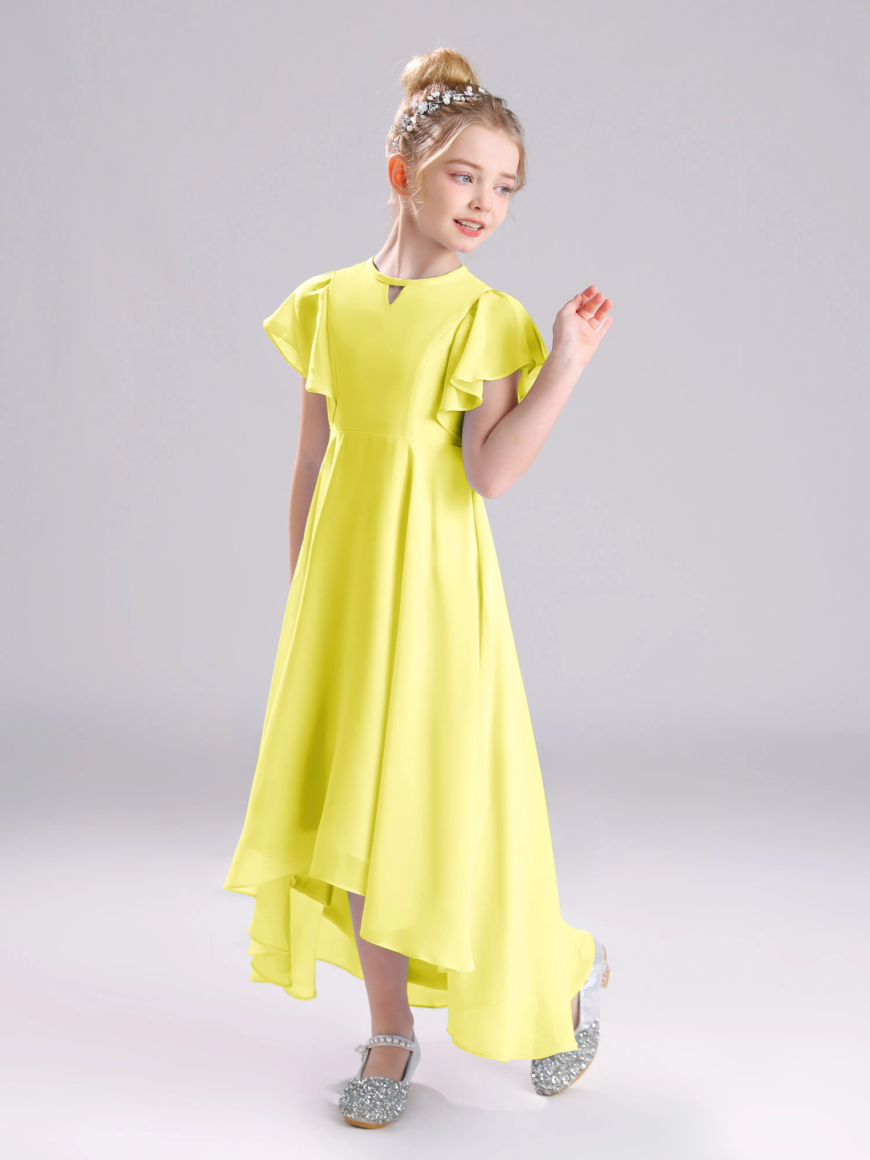 Ruffles Sleeves A-Line Long Chiffon Junior Bridesmaid Dresses