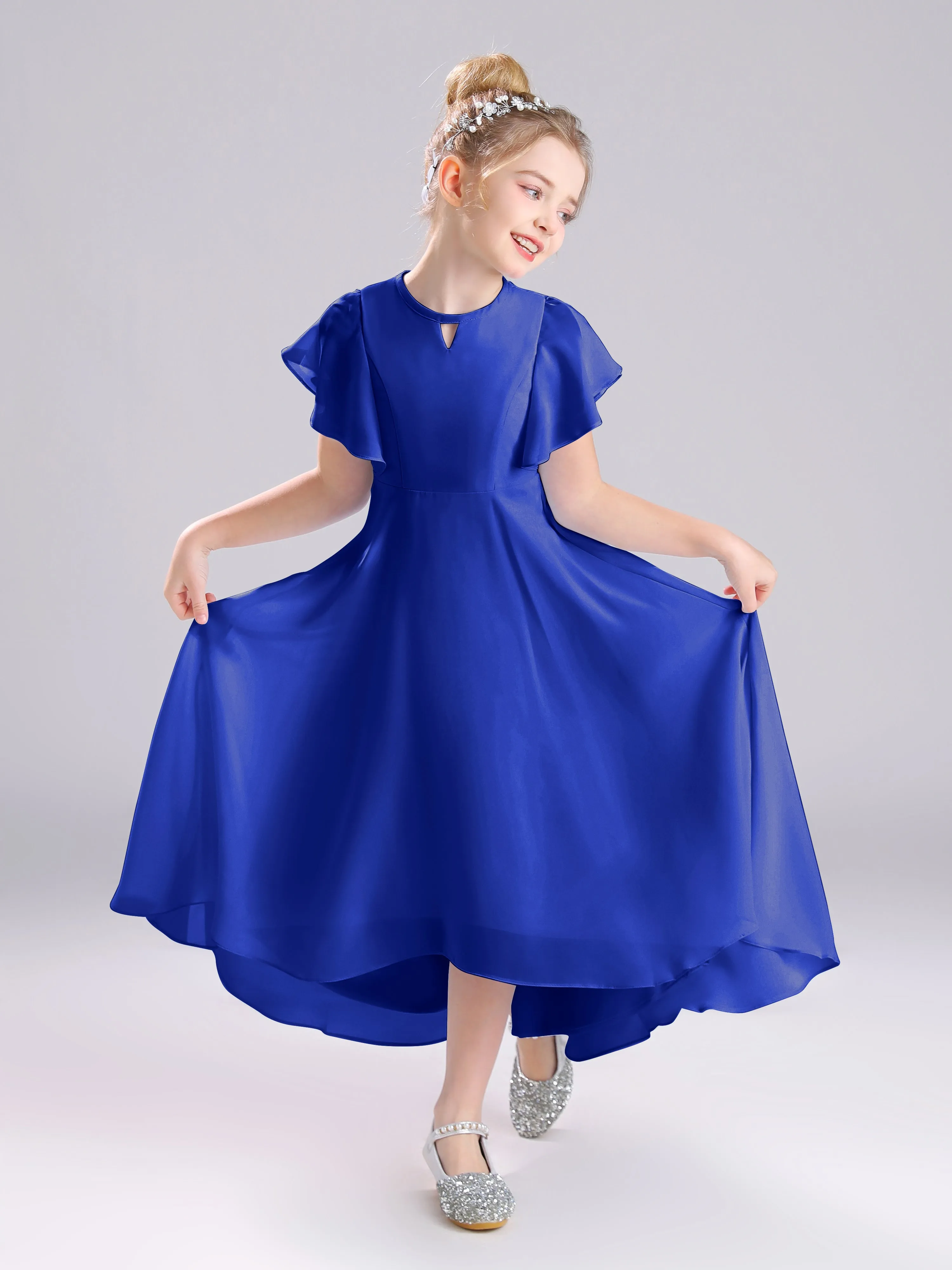 Ruffles Sleeves A-Line Long Chiffon Junior Bridesmaid Dresses