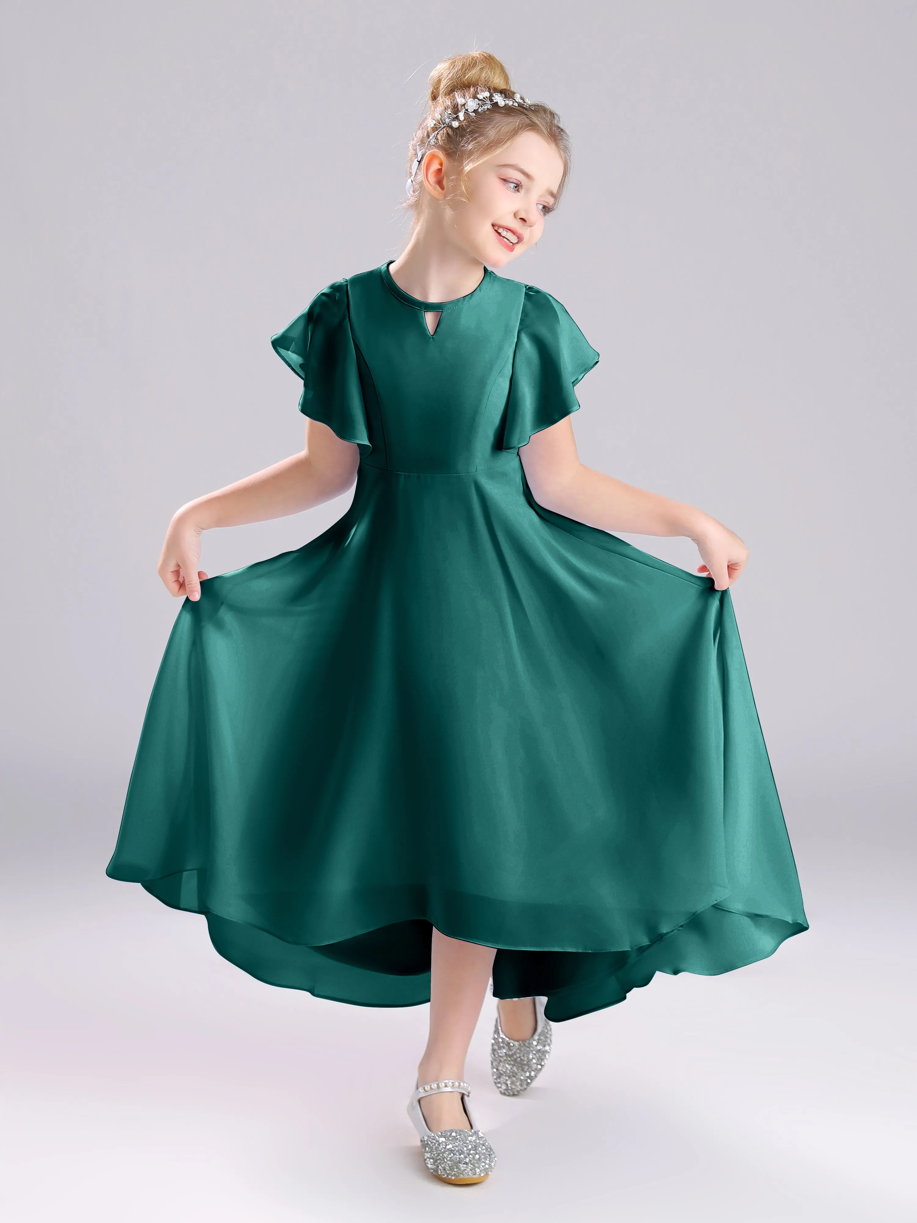 Ruffles Sleeves A-Line Long Chiffon Junior Bridesmaid Dresses