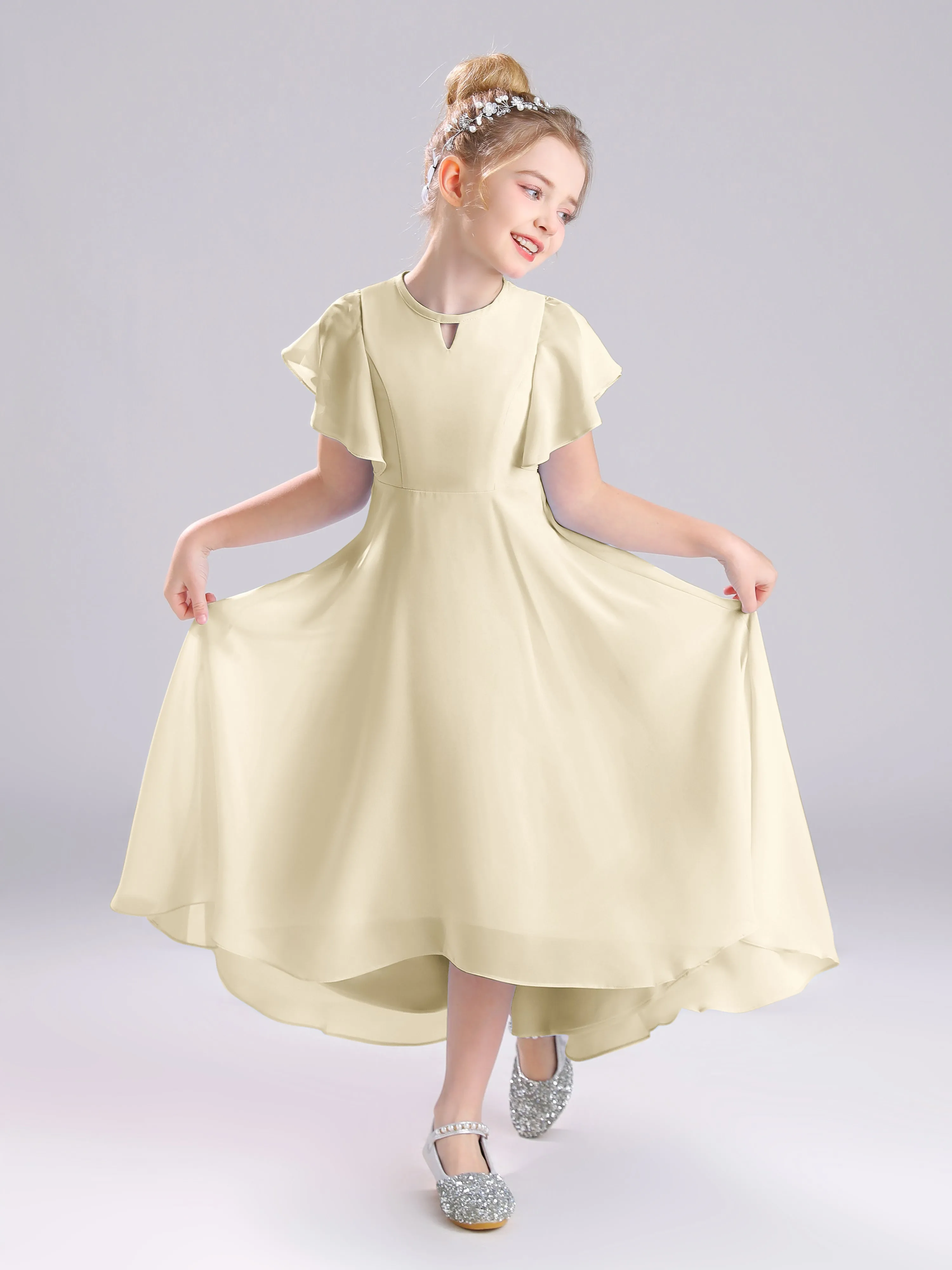 Ruffles Sleeves A-Line Long Chiffon Junior Bridesmaid Dresses