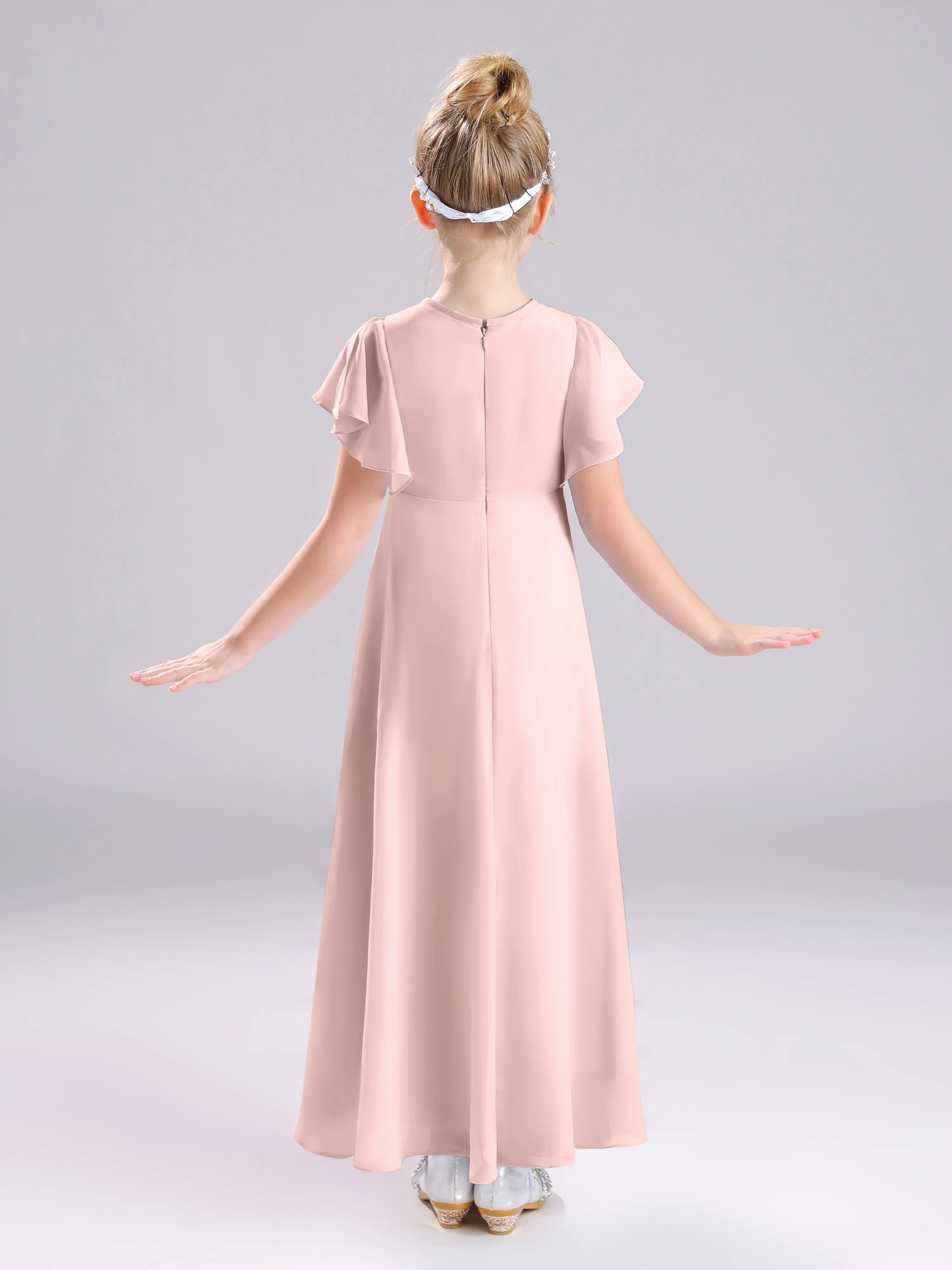 Ruffles Sleeves A-Line Long Chiffon Junior Bridesmaid Dresses