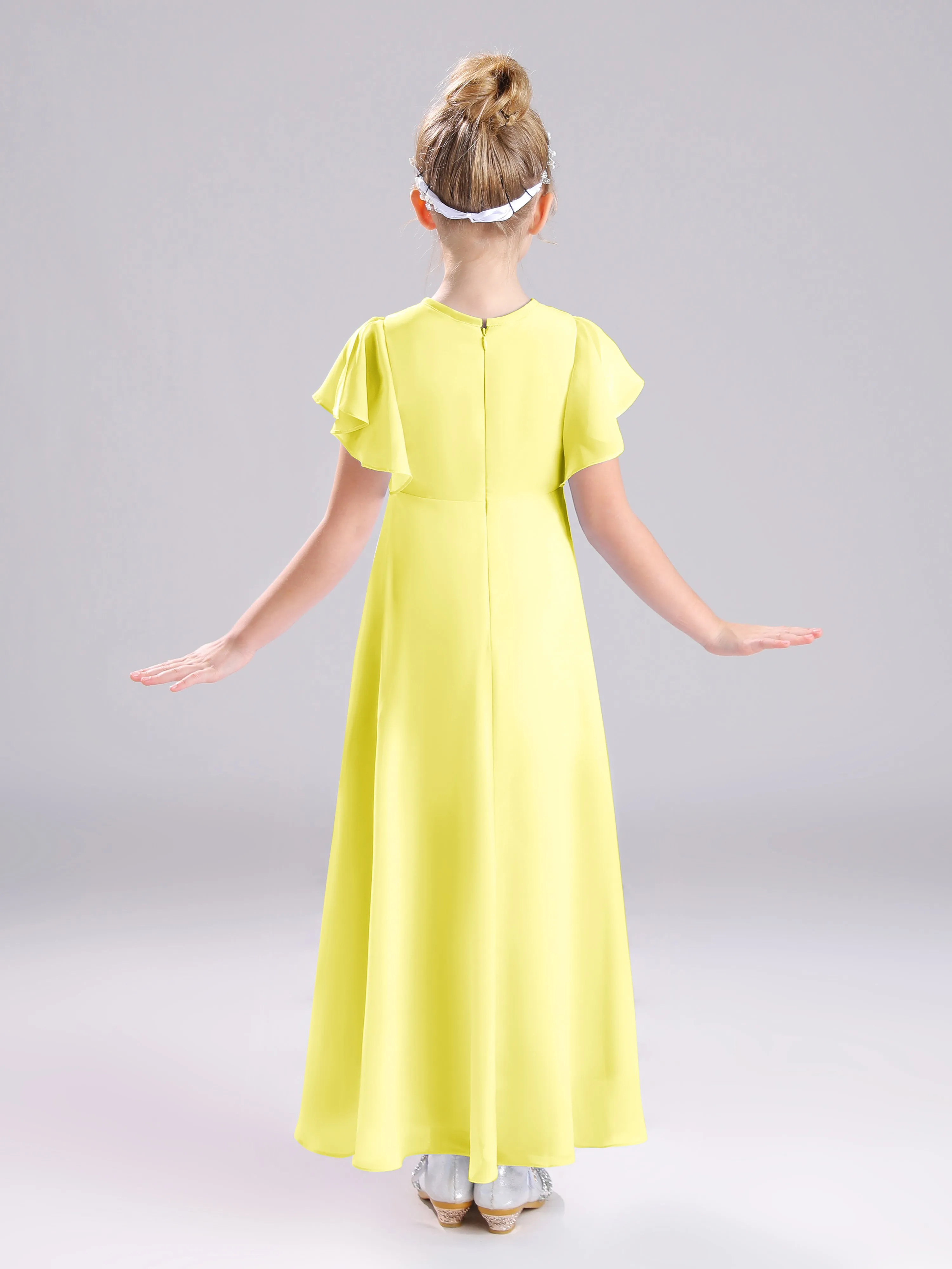 Ruffles Sleeves A-Line Long Chiffon Junior Bridesmaid Dresses