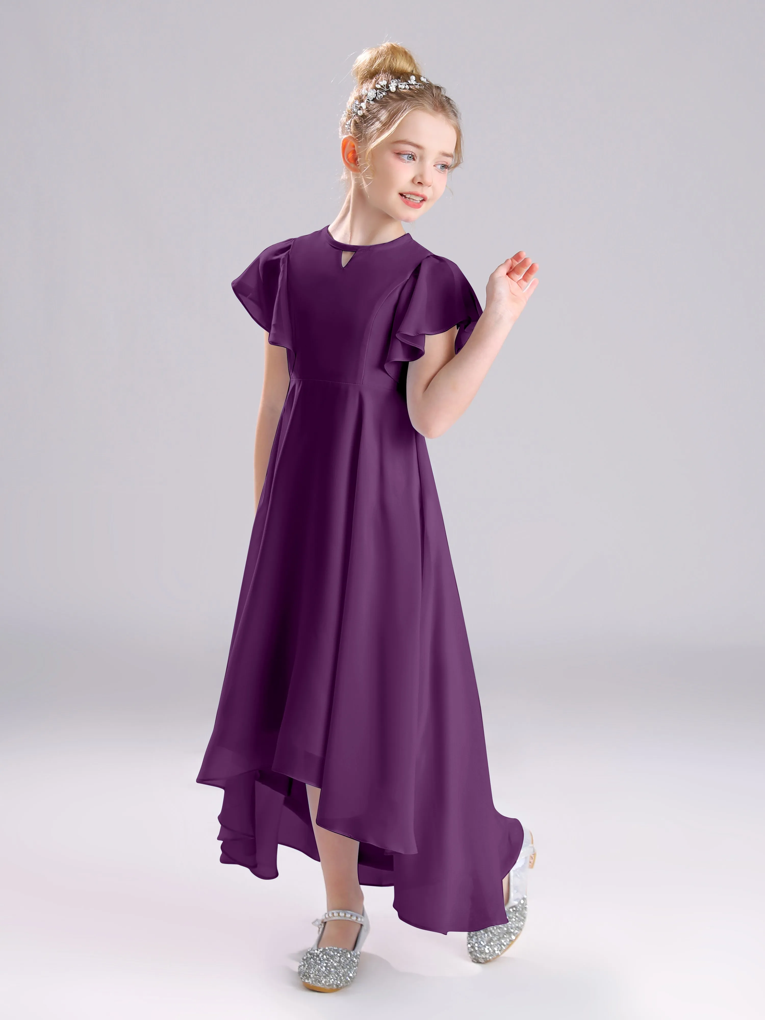 Ruffles Sleeves A-Line Long Chiffon Junior Bridesmaid Dresses
