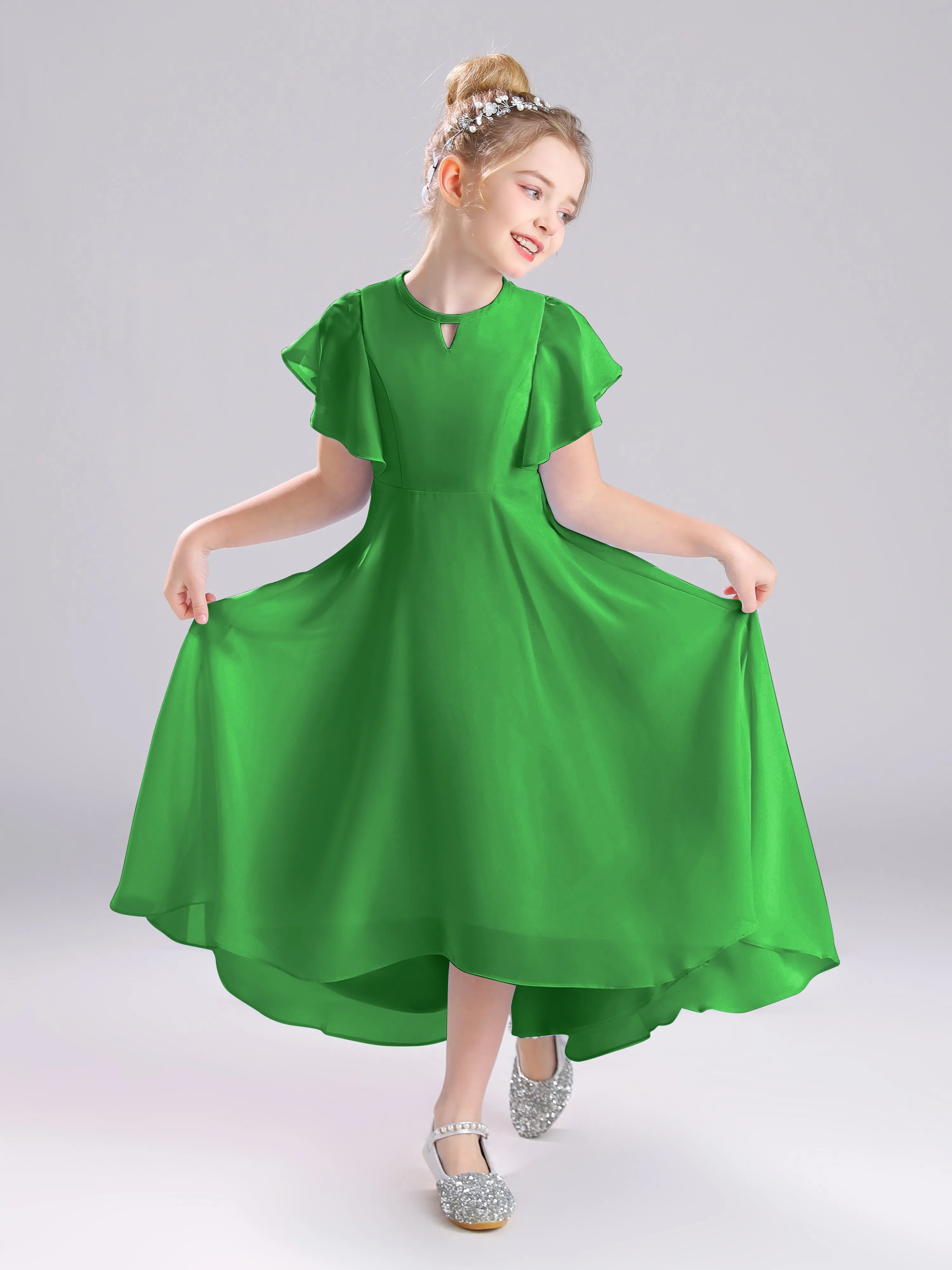 Ruffles Sleeves A-Line Long Chiffon Junior Bridesmaid Dresses