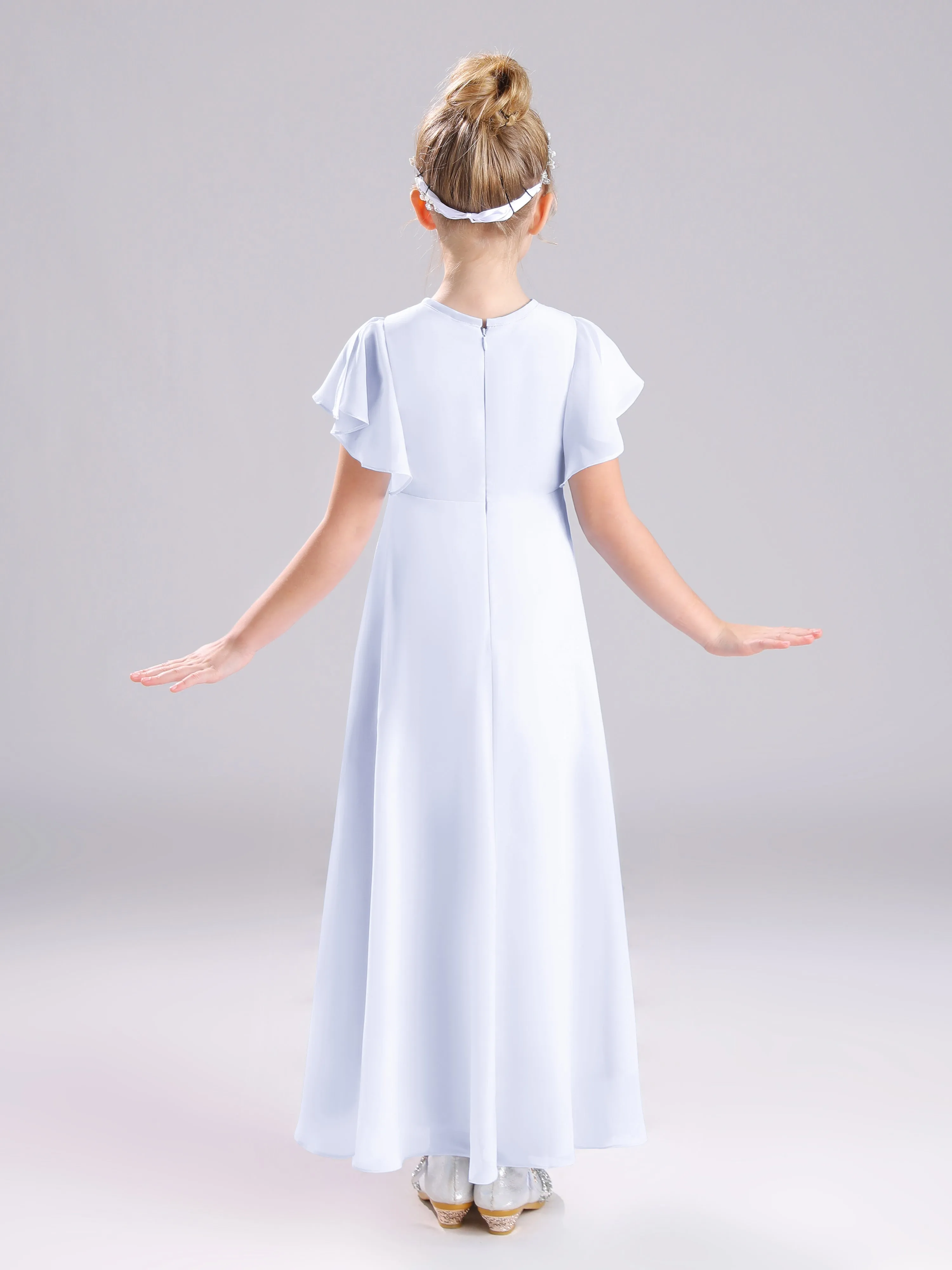 Ruffles Sleeves A-Line Long Chiffon Junior Bridesmaid Dresses