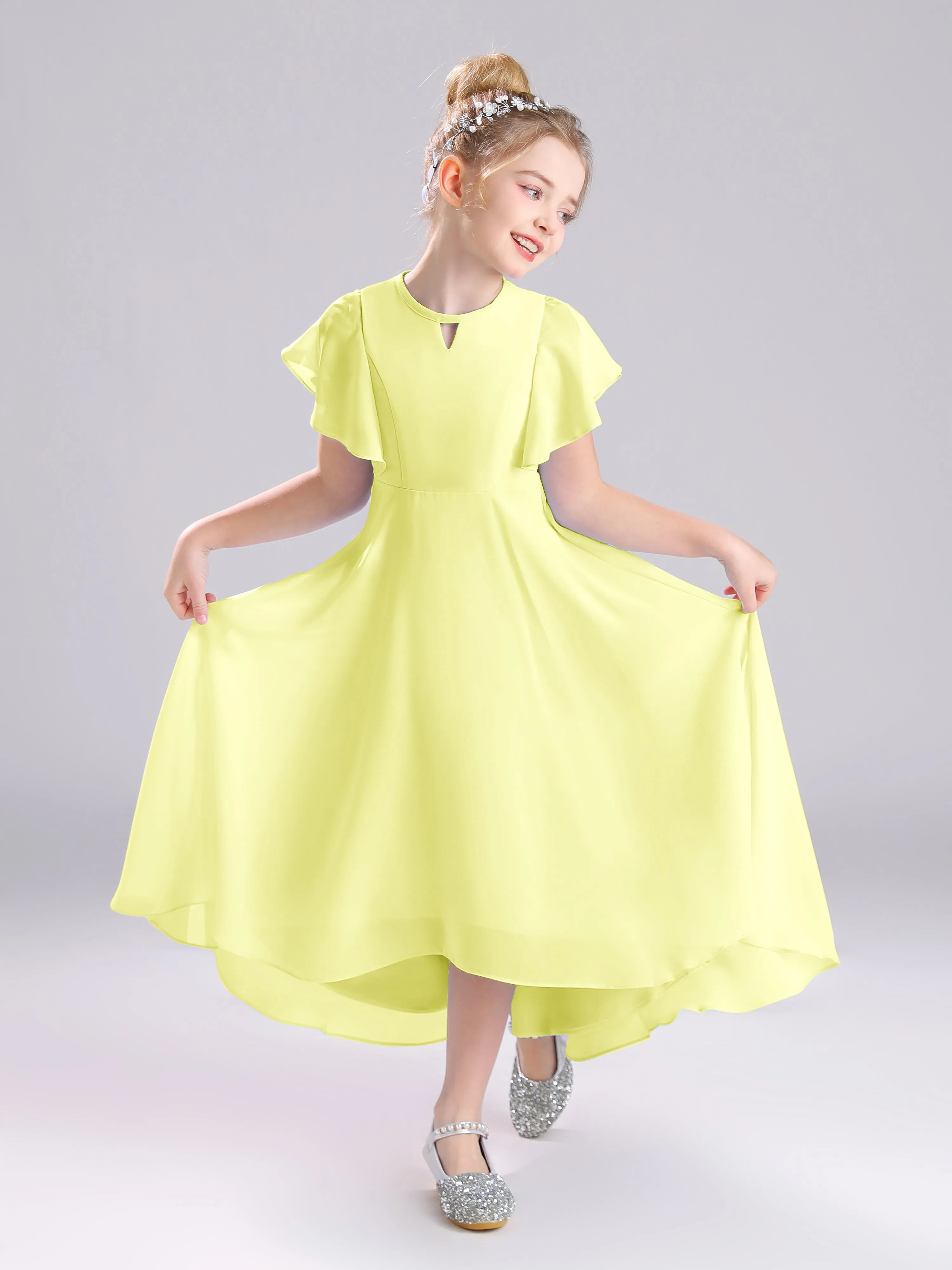 Ruffles Sleeves A-Line Long Chiffon Junior Bridesmaid Dresses