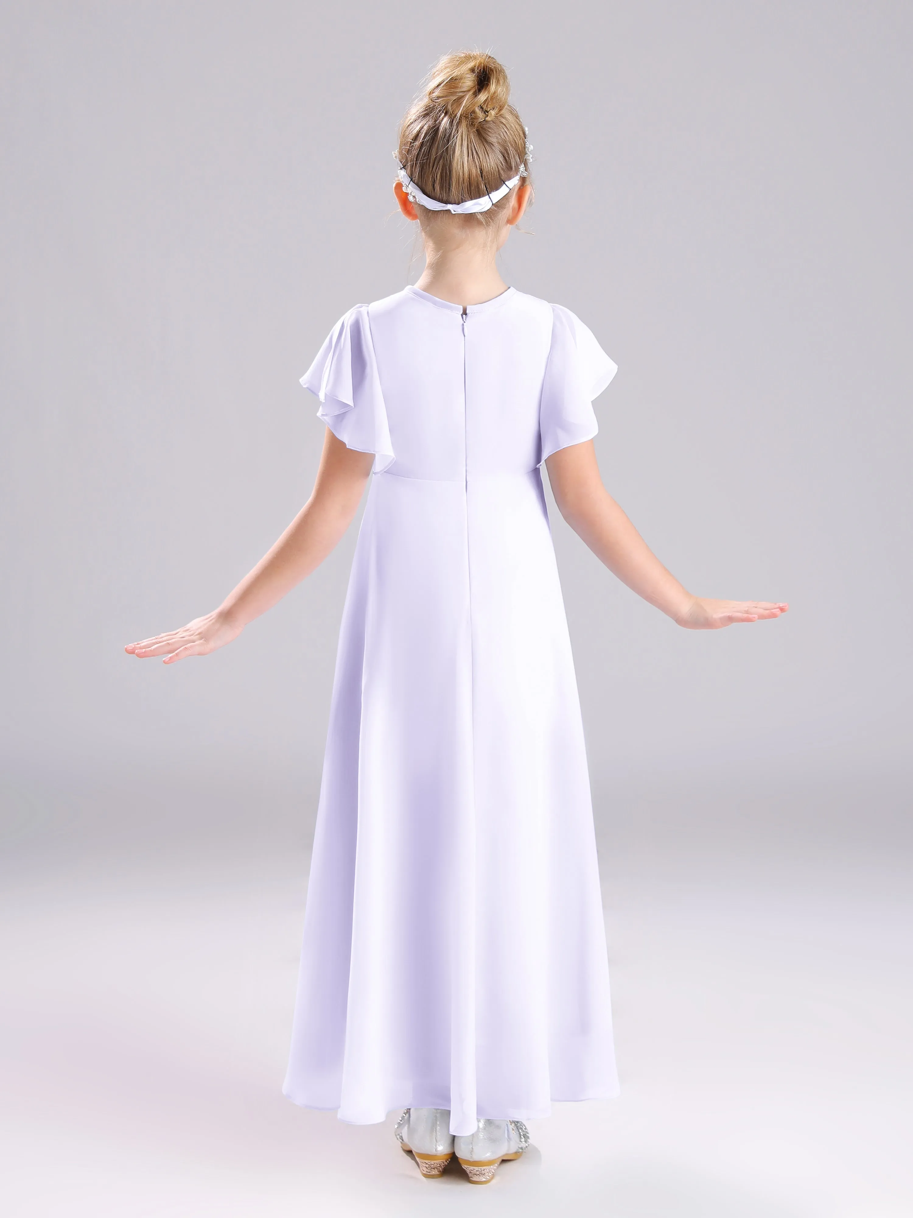 Ruffles Sleeves A-Line Long Chiffon Junior Bridesmaid Dresses