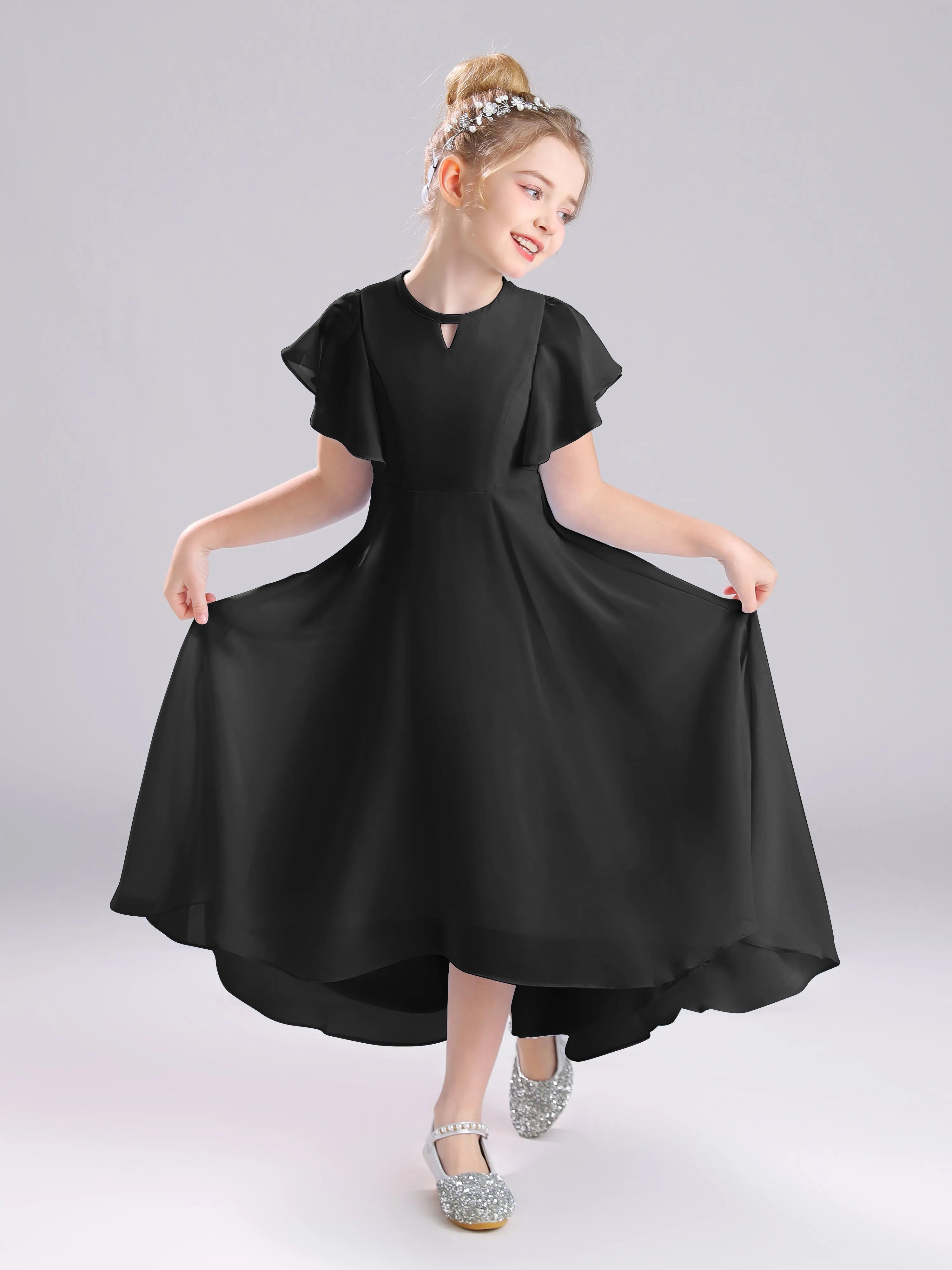 Ruffles Sleeves A-Line Long Chiffon Junior Bridesmaid Dresses