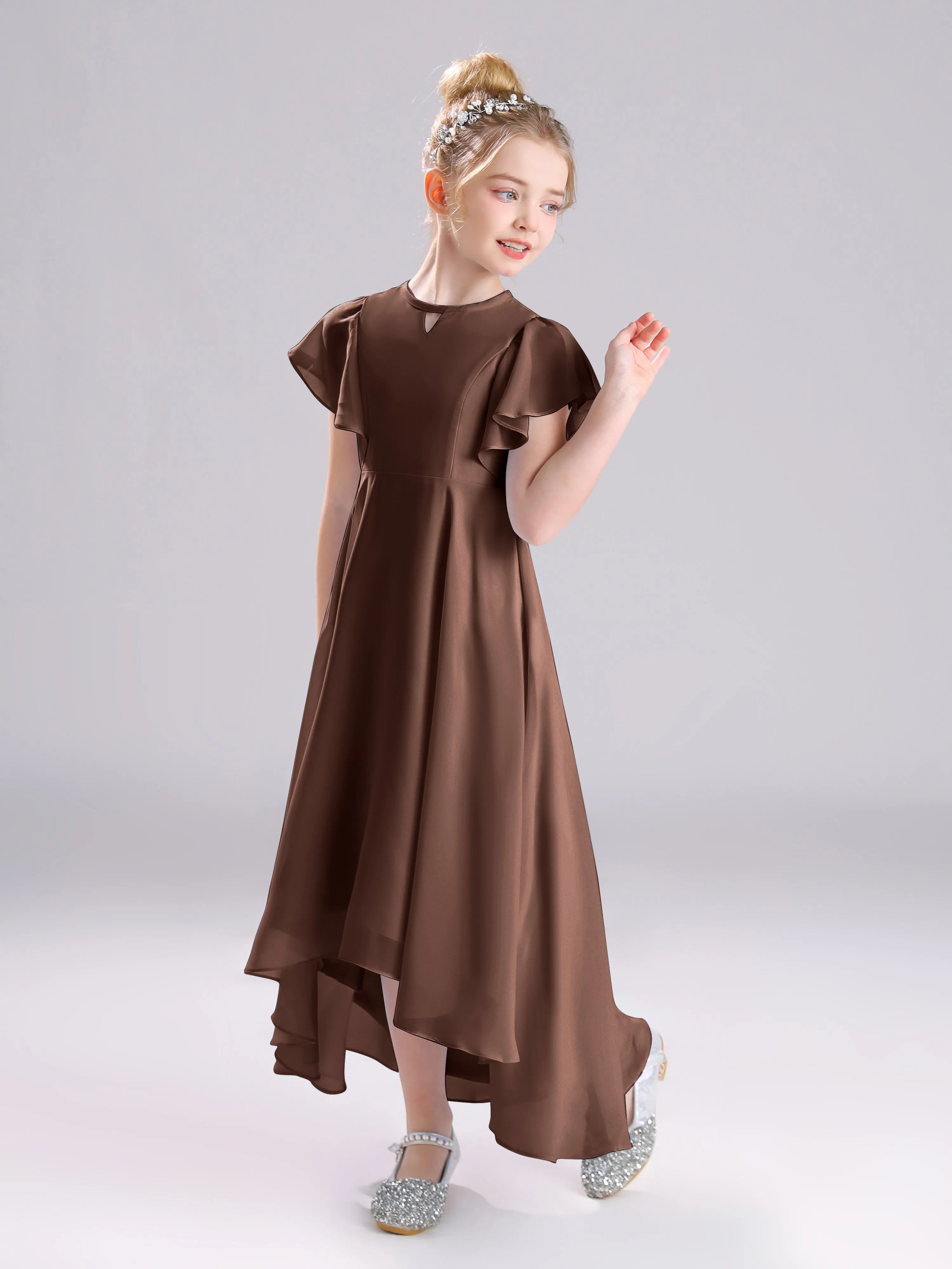 Ruffles Sleeves A-Line Long Chiffon Junior Bridesmaid Dresses