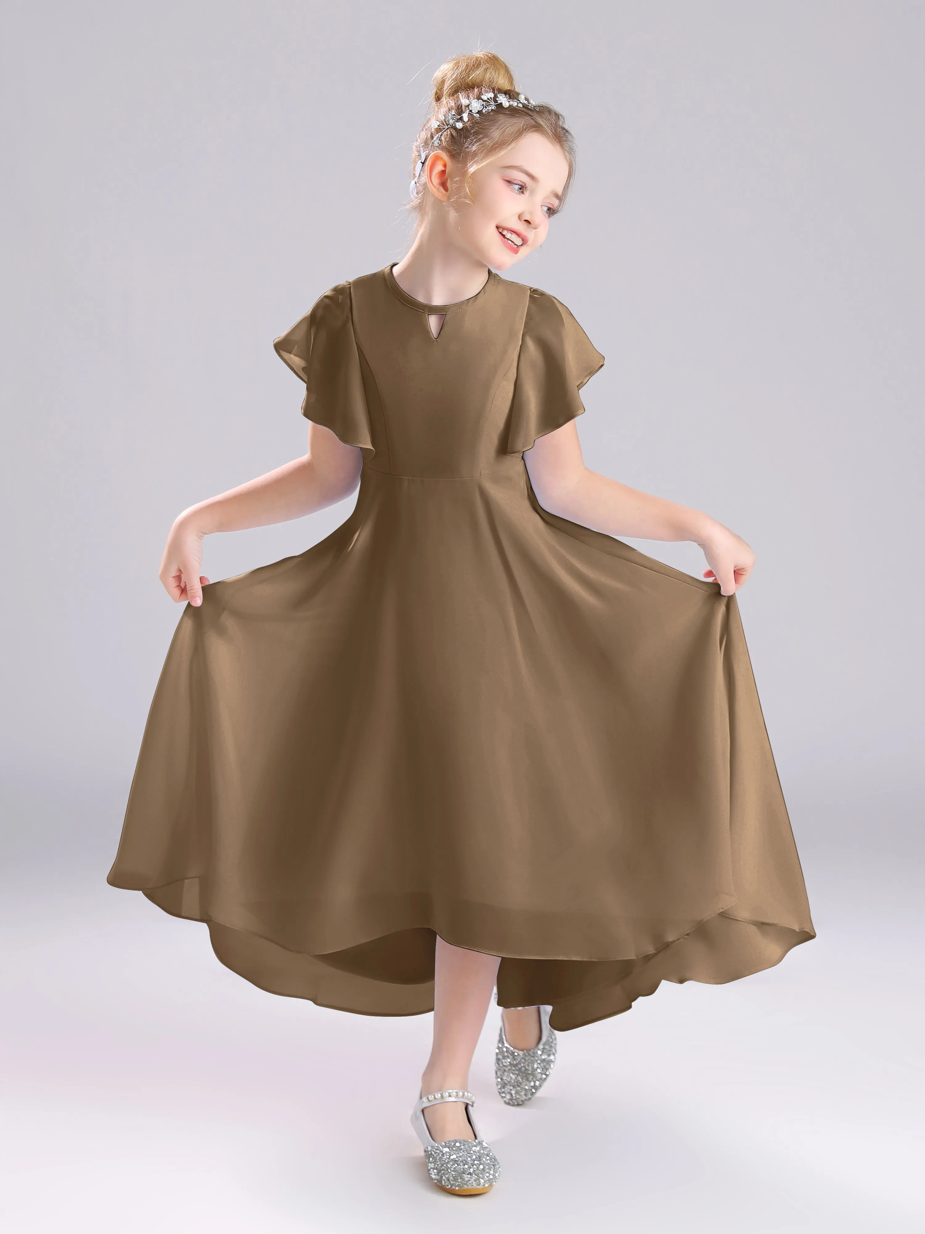 Ruffles Sleeves A-Line Long Chiffon Junior Bridesmaid Dresses
