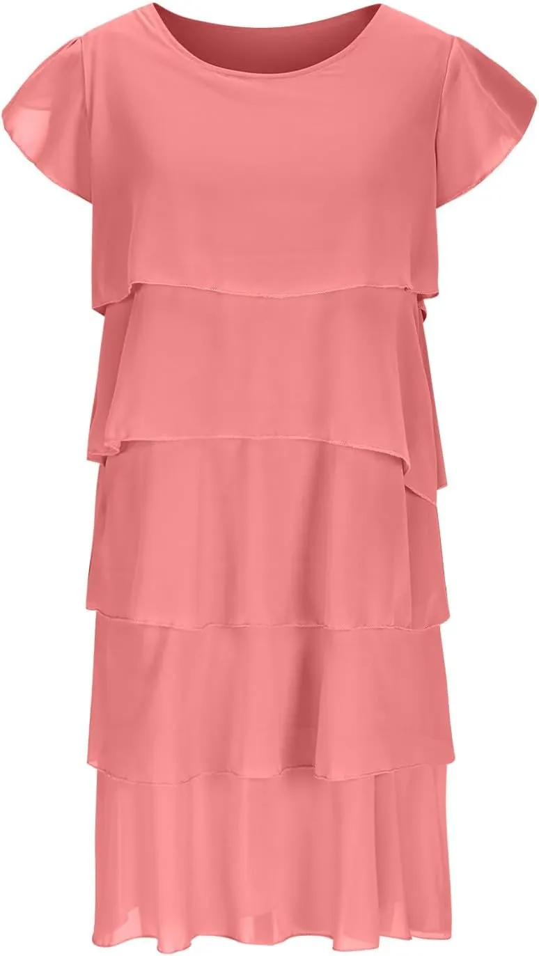Summer Layered Ruffle Shift Tunic Dresses for Women Stylish Petal Sleeve Flowy Beach Mini Dress for Casual Party