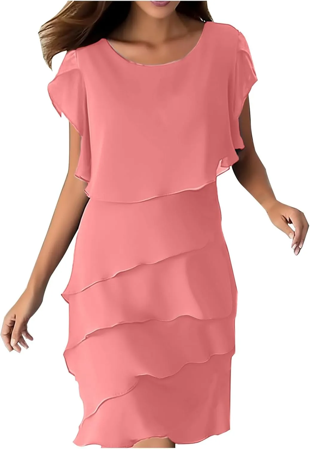Summer Layered Ruffle Shift Tunic Dresses for Women Stylish Petal Sleeve Flowy Beach Mini Dress for Casual Party