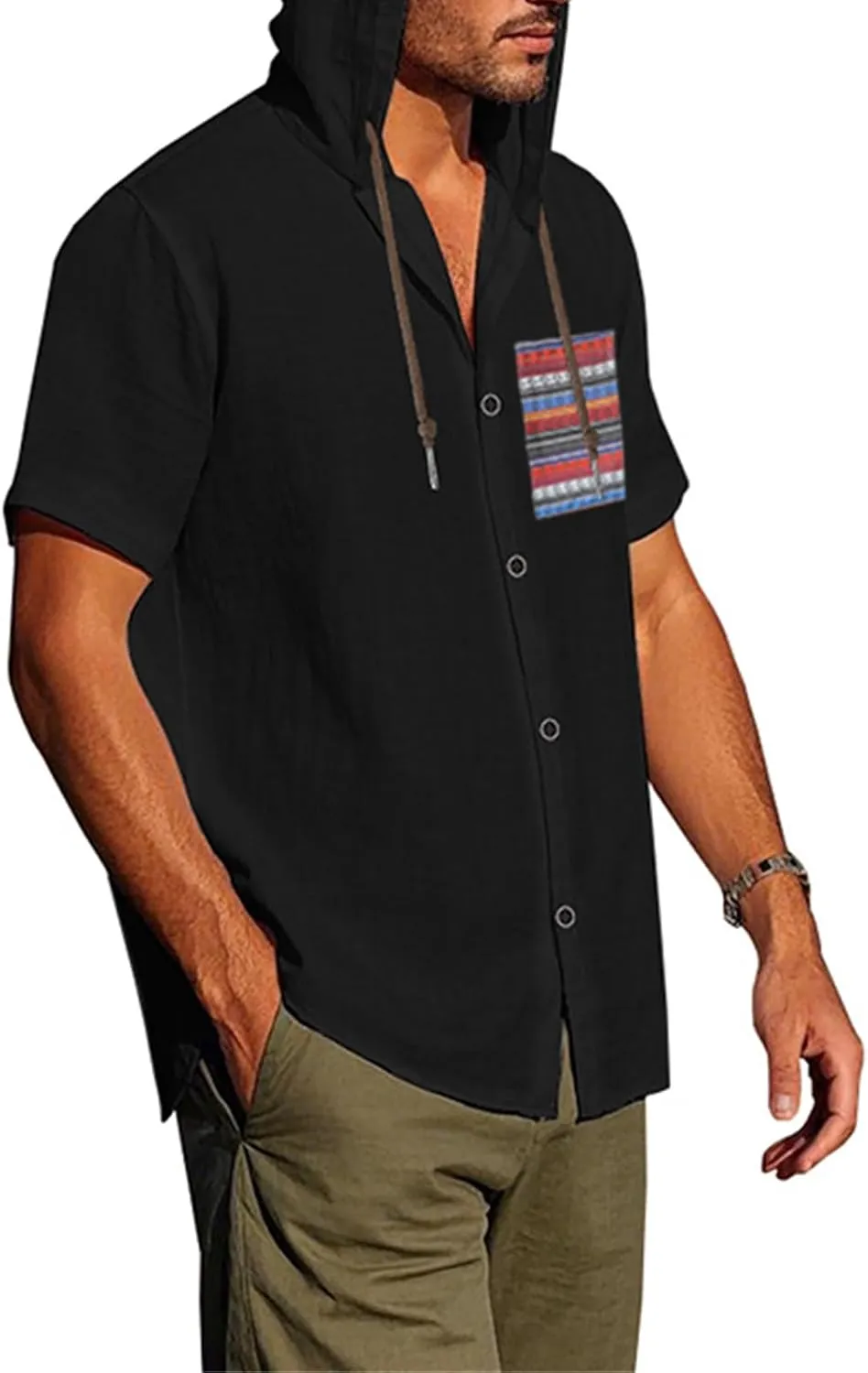 Summer Linen Shirts for Men Trendy Short Sleeve Button Hooded Cardigan Thin Breathable Leisure Solid Beach Hoodies Top