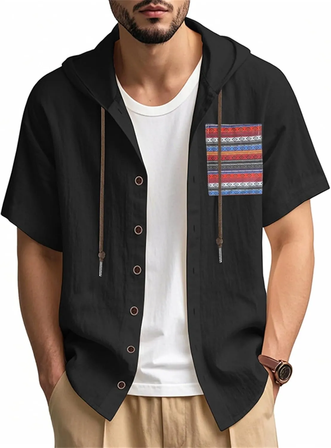 Summer Linen Shirts for Men Trendy Short Sleeve Button Hooded Cardigan Thin Breathable Leisure Solid Beach Hoodies Top