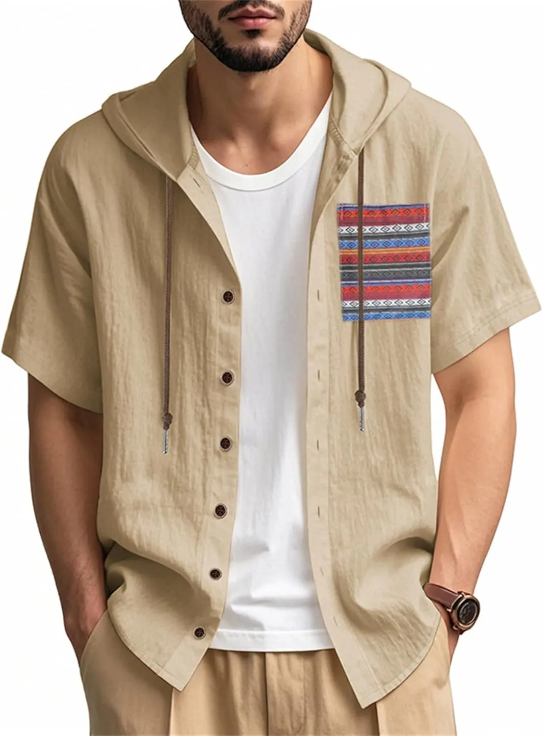Summer Linen Shirts for Men Trendy Short Sleeve Button Hooded Cardigan Thin Breathable Leisure Solid Beach Hoodies Top