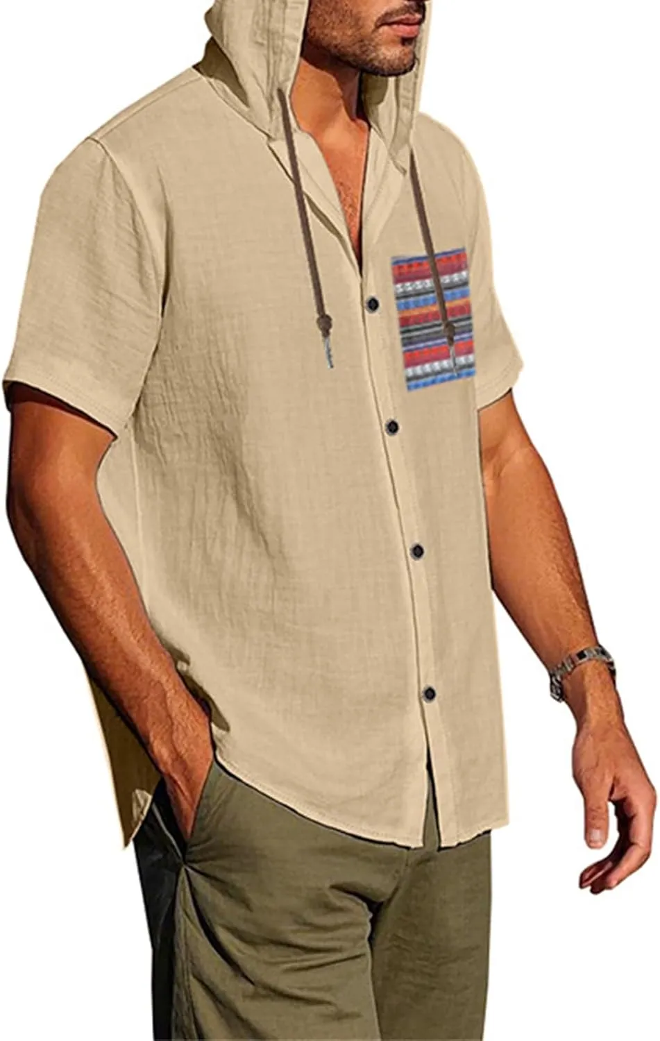 Summer Linen Shirts for Men Trendy Short Sleeve Button Hooded Cardigan Thin Breathable Leisure Solid Beach Hoodies Top