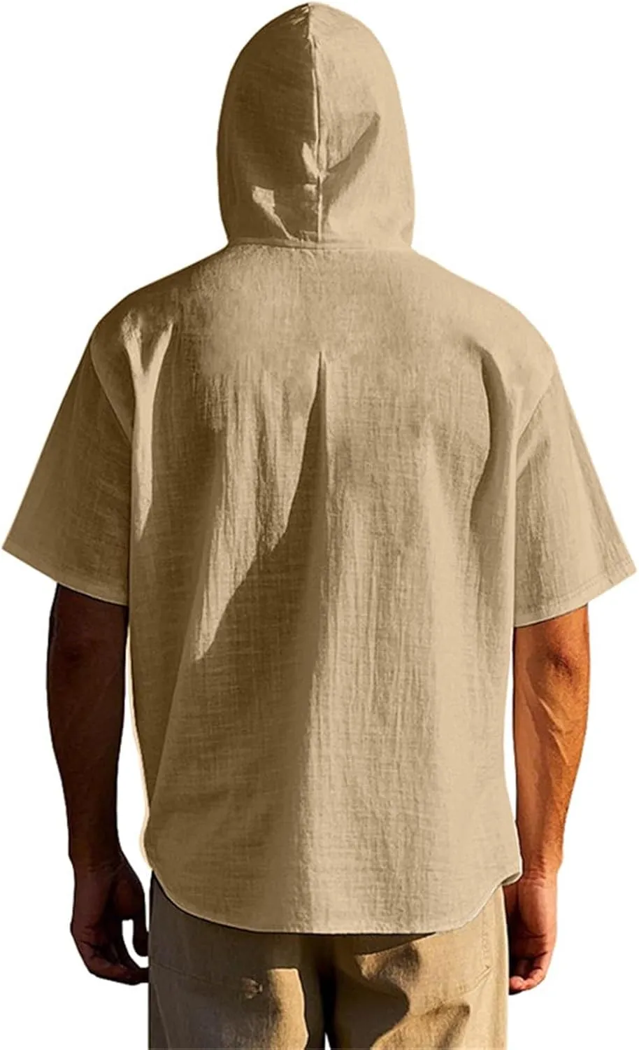 Summer Linen Shirts for Men Trendy Short Sleeve Button Hooded Cardigan Thin Breathable Leisure Solid Beach Hoodies Top