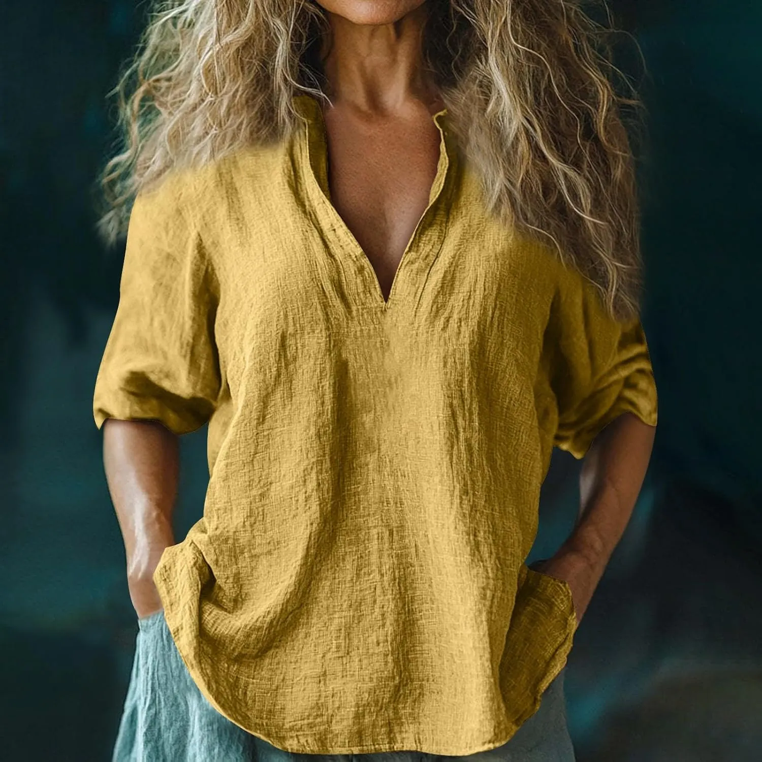 Summer Women Short Sleeve Cotton Linen Tops Trendy Baggy T Shirt V-Neck Button-Down Shirts Casual Breathable Blouse