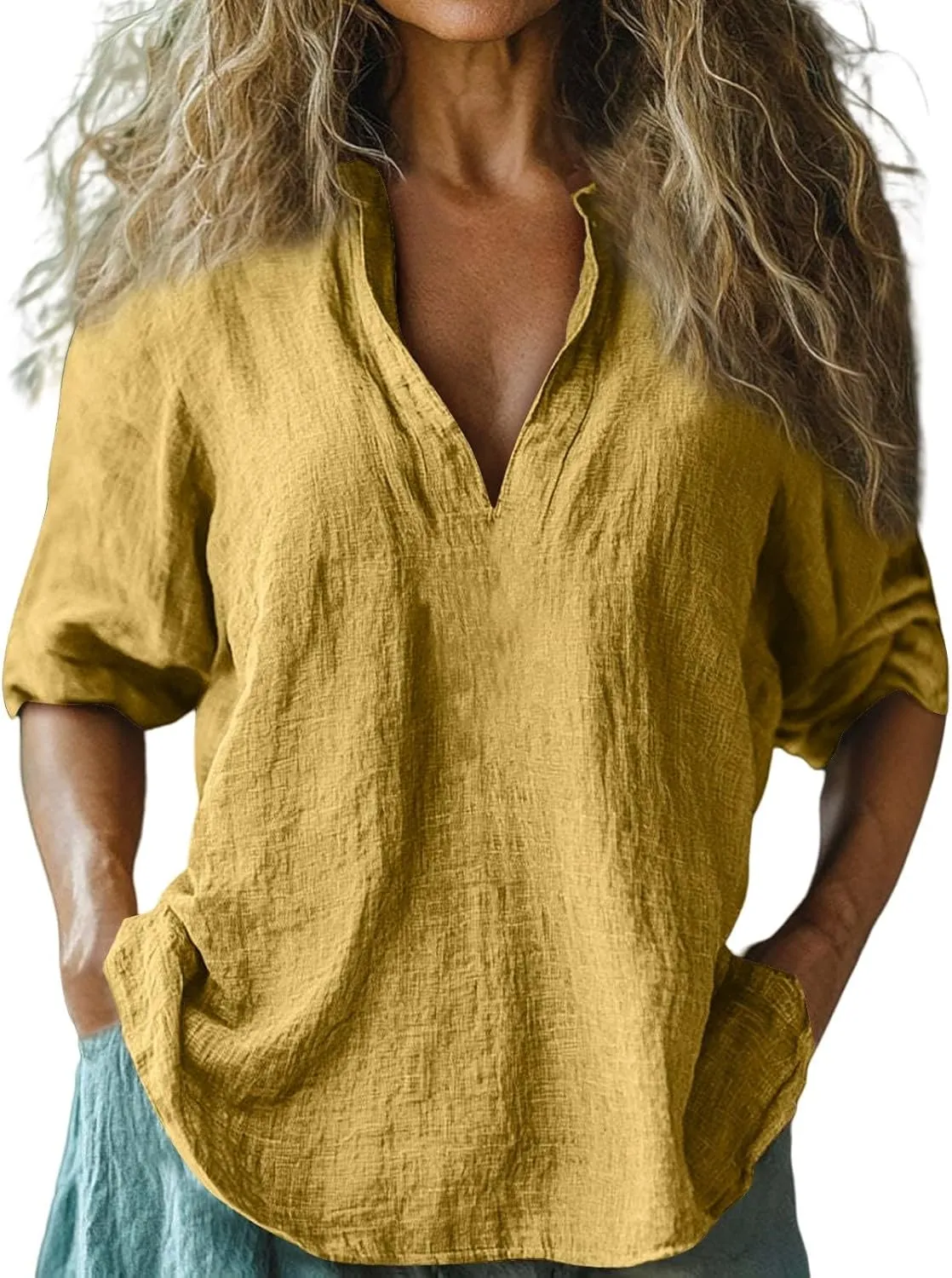 Summer Women Short Sleeve Cotton Linen Tops Trendy Baggy T Shirt V-Neck Button-Down Shirts Casual Breathable Blouse