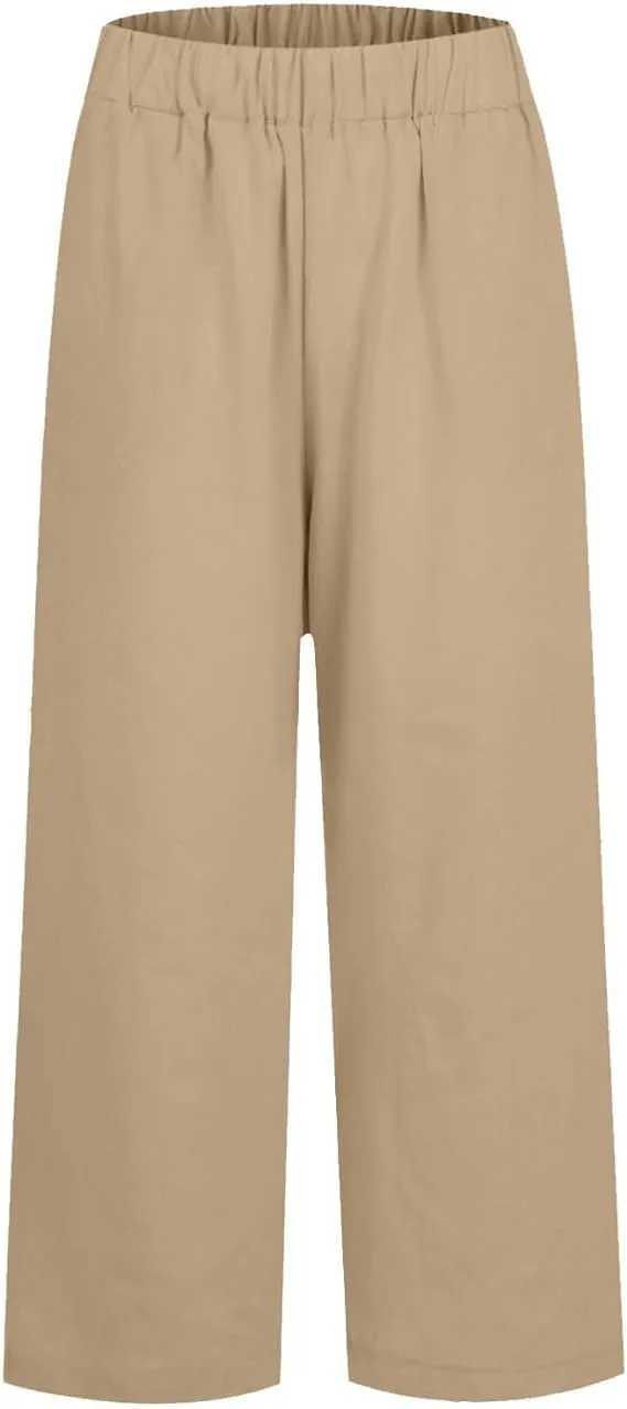 Summer Womens Linen Pants Casual Elastic Waist Baggy Trouser Solid Color Straight Leg Pants with Pockets