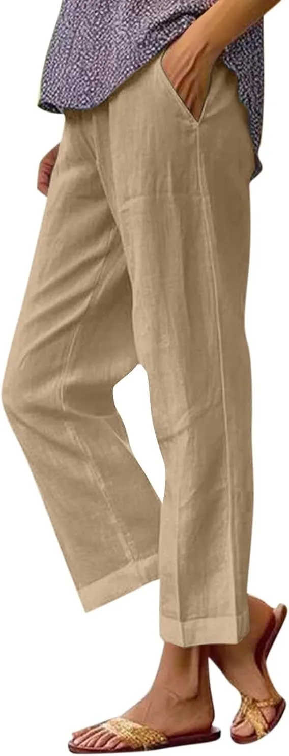 Summer Womens Linen Pants Casual Elastic Waist Baggy Trouser Solid Color Straight Leg Pants with Pockets