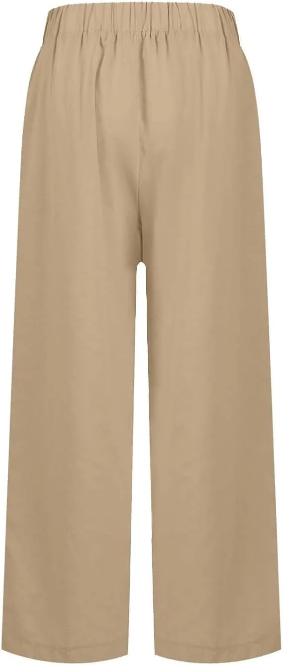 Summer Womens Linen Pants Casual Elastic Waist Baggy Trouser Solid Color Straight Leg Pants with Pockets