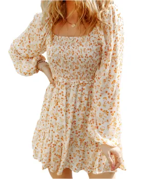 Sweet Puff Sleeve Floral Long Sleeve Dress