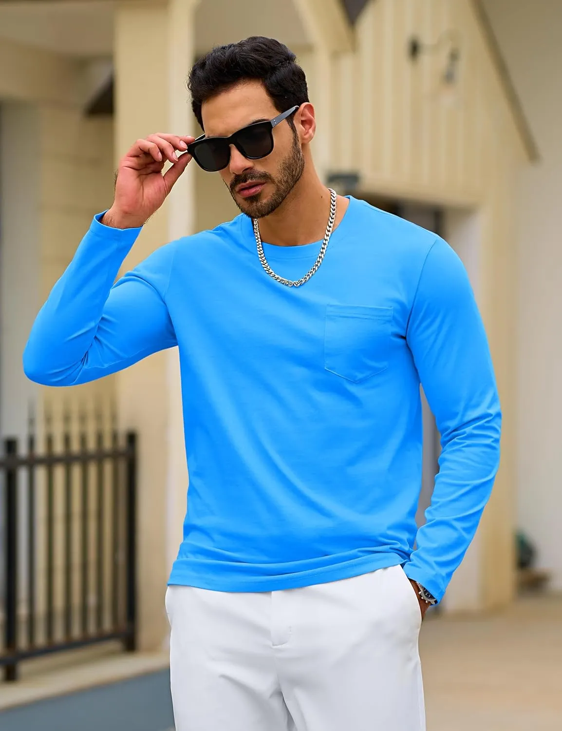 TACVASEN Men's Long Sleeve Pocket Tee Shirts Lightweight Breathable Cotton Crew Neck Casual Work Shirts for Summer