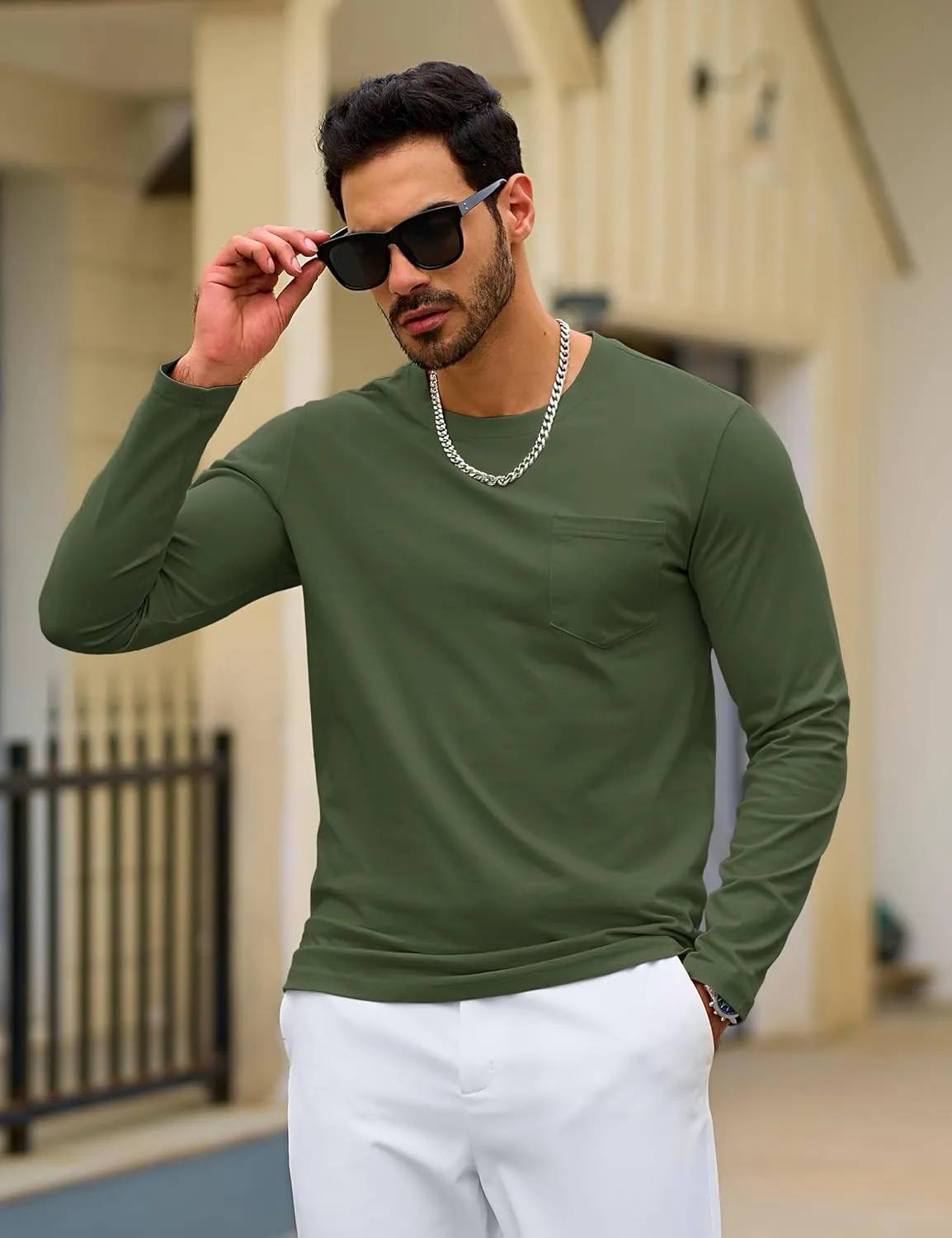 TACVASEN Men's Long Sleeve Pocket Tee Shirts Lightweight Breathable Cotton Crew Neck Casual Work Shirts for Summer