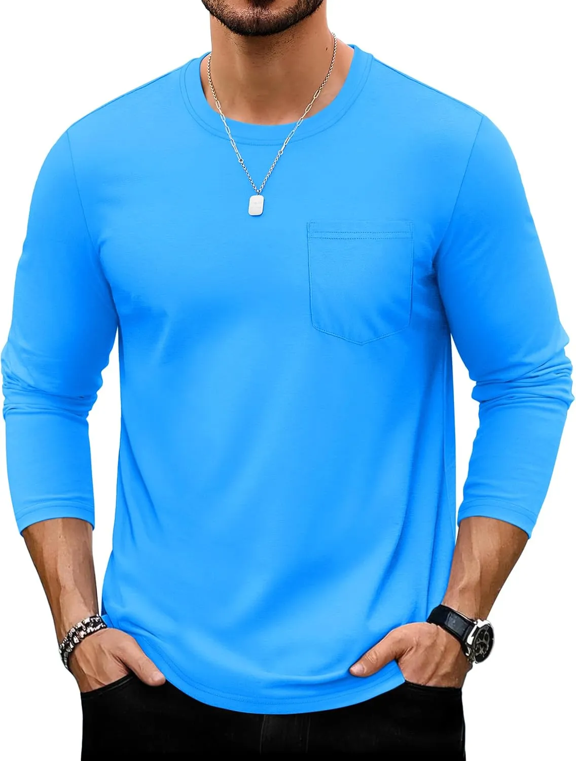 TACVASEN Men's Long Sleeve Pocket Tee Shirts Lightweight Breathable Cotton Crew Neck Casual Work Shirts for Summer