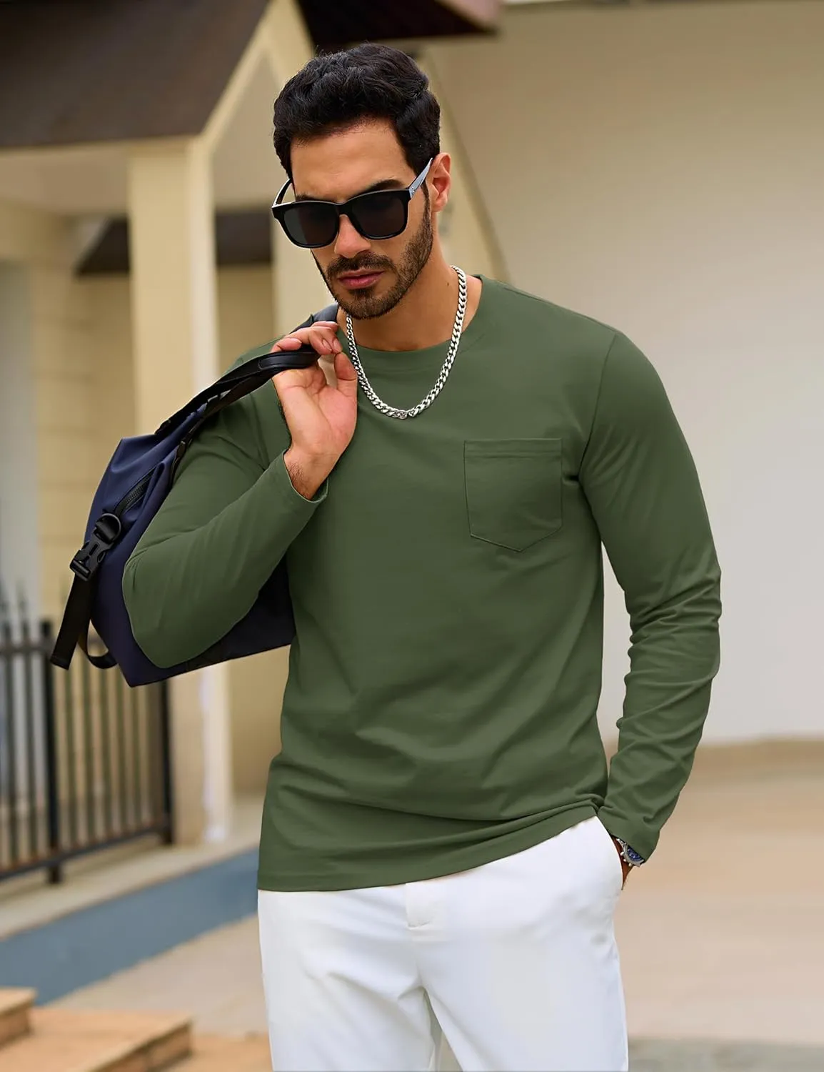 TACVASEN Men's Long Sleeve Pocket Tee Shirts Lightweight Breathable Cotton Crew Neck Casual Work Shirts for Summer