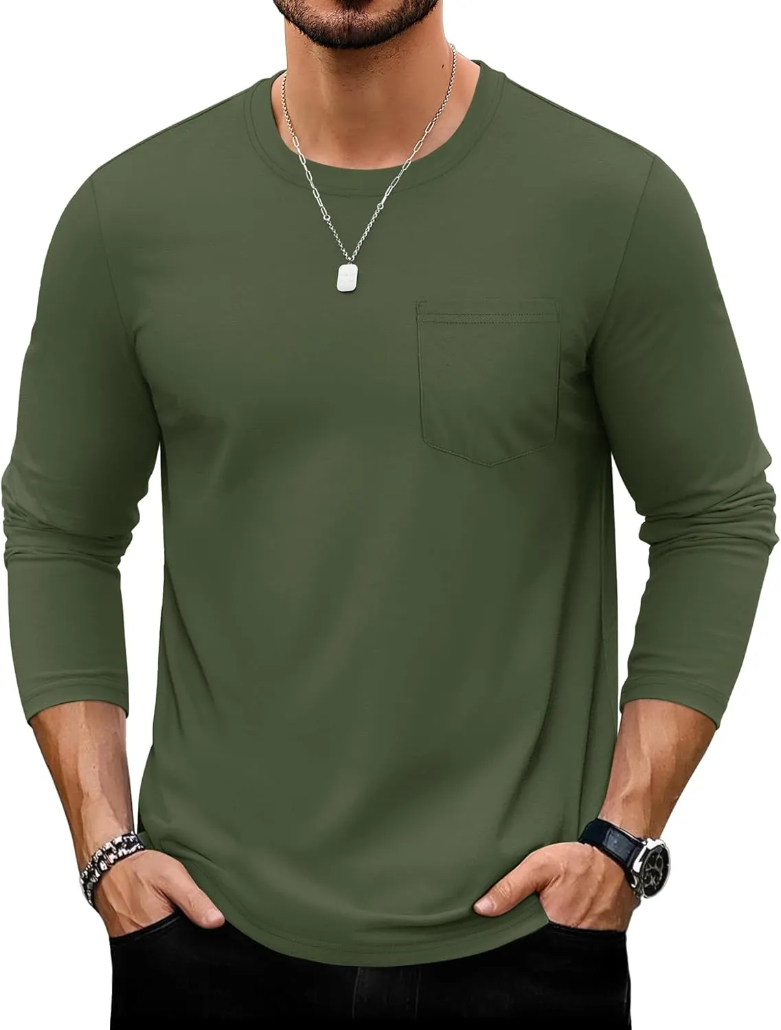 TACVASEN Men's Long Sleeve Pocket Tee Shirts Lightweight Breathable Cotton Crew Neck Casual Work Shirts for Summer