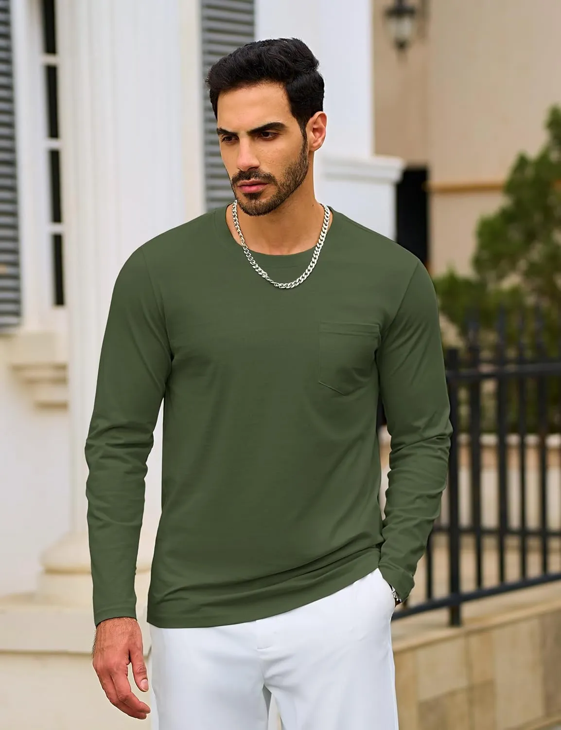 TACVASEN Men's Long Sleeve Pocket Tee Shirts Lightweight Breathable Cotton Crew Neck Casual Work Shirts for Summer