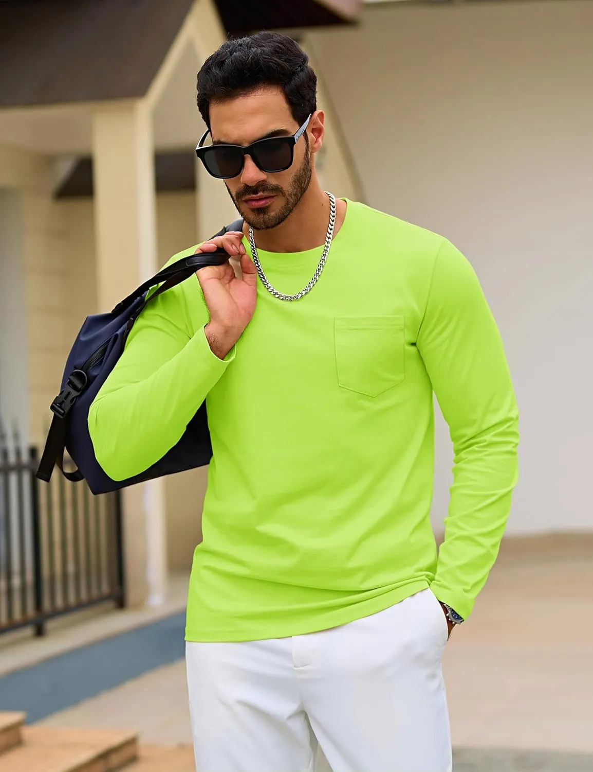 TACVASEN Men's Long Sleeve Pocket Tee Shirts Lightweight Breathable Cotton Crew Neck Casual Work Shirts for Summer