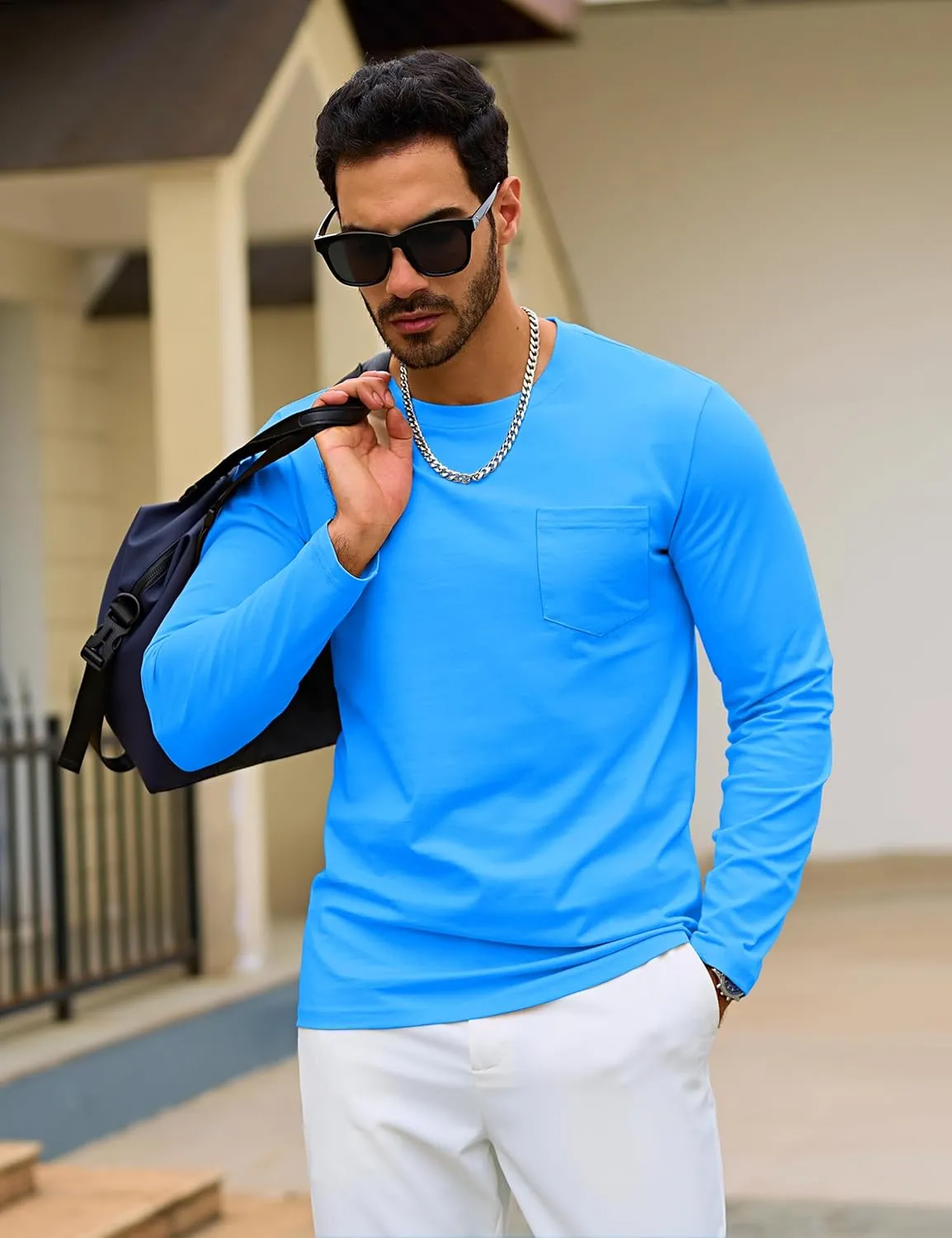 TACVASEN Men's Long Sleeve Pocket Tee Shirts Lightweight Breathable Cotton Crew Neck Casual Work Shirts for Summer