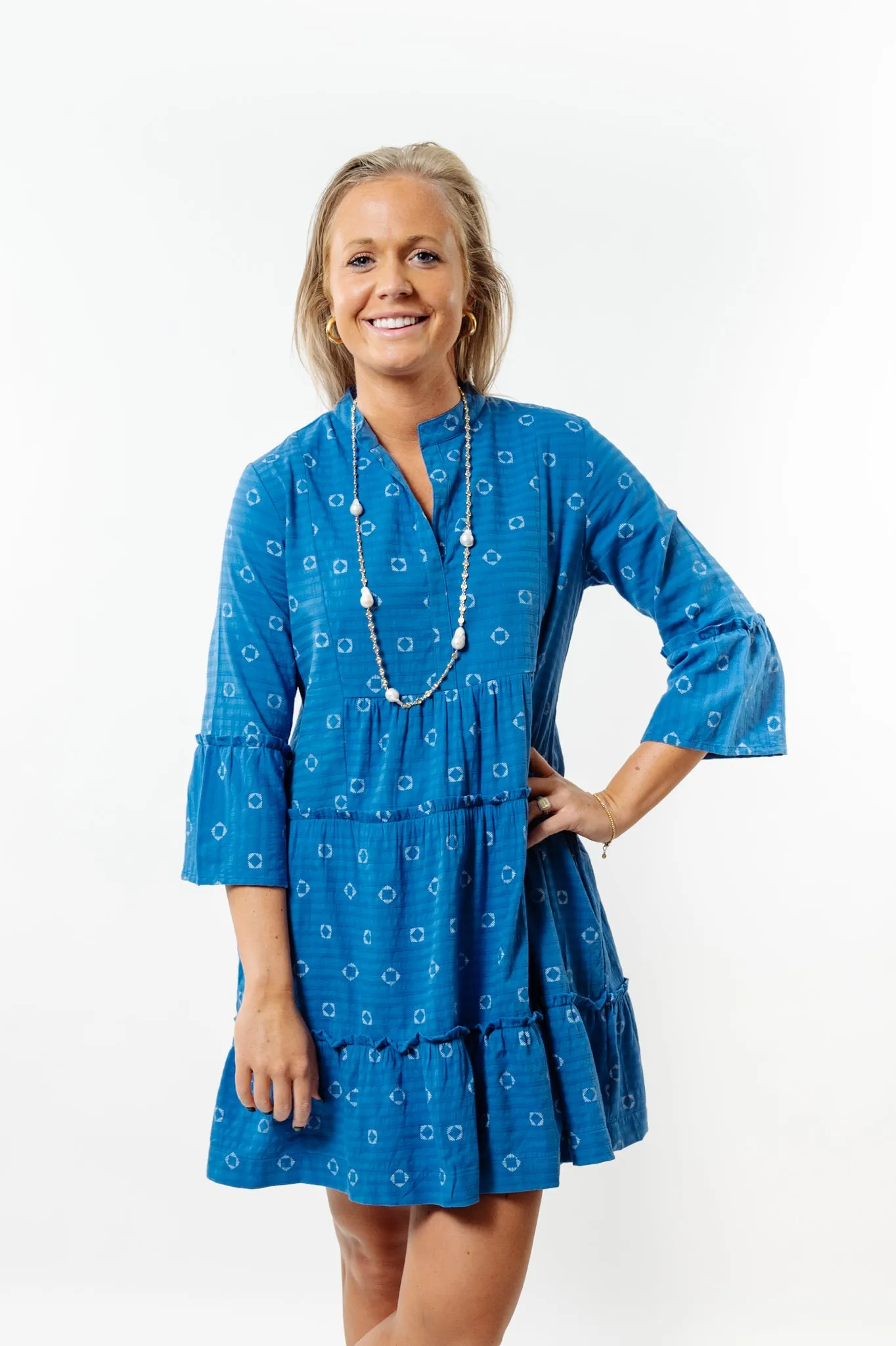 The Makayla Notch Neck Dress in Tidal Blue with White Motif
