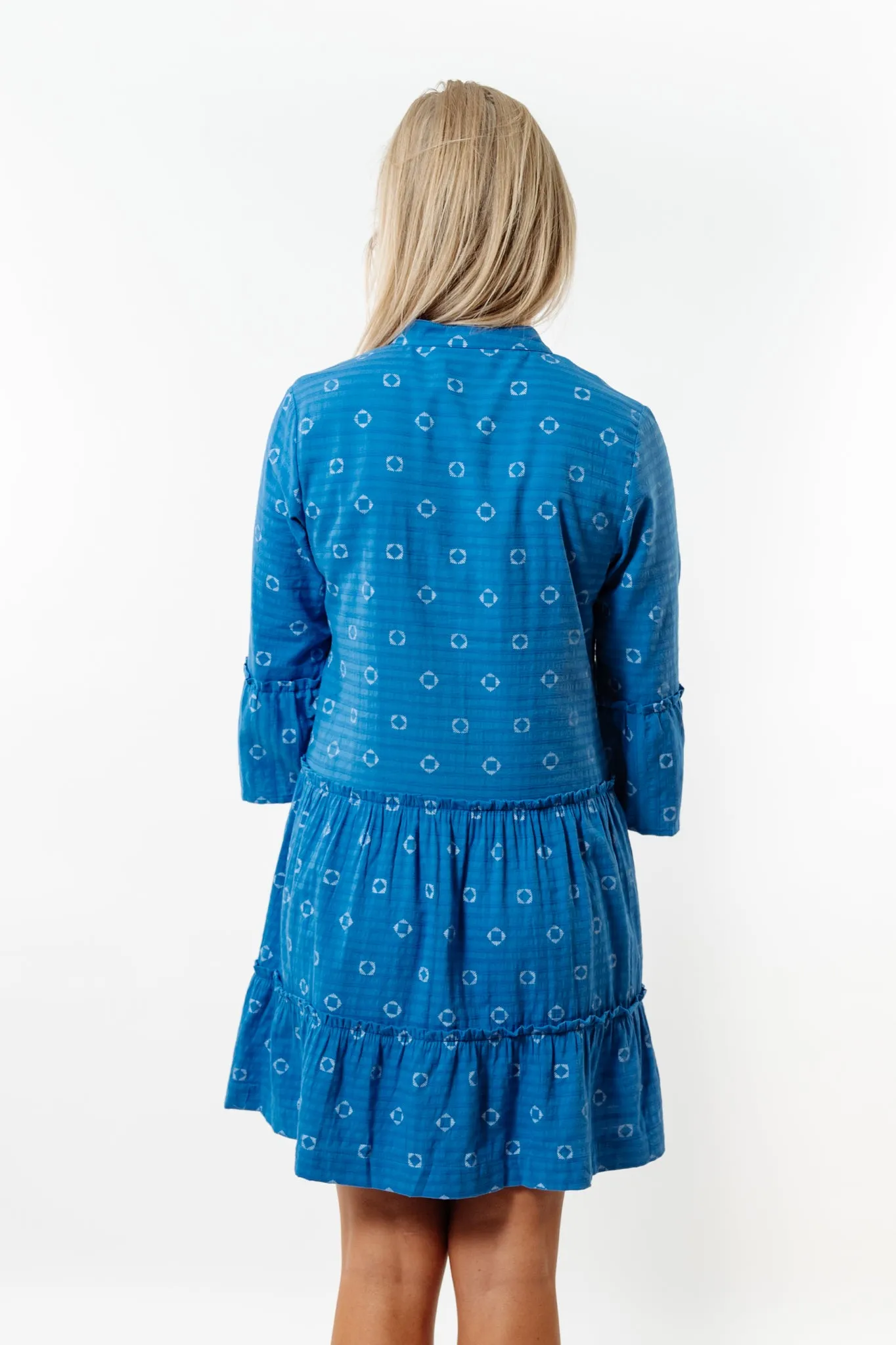 The Makayla Notch Neck Dress in Tidal Blue with White Motif